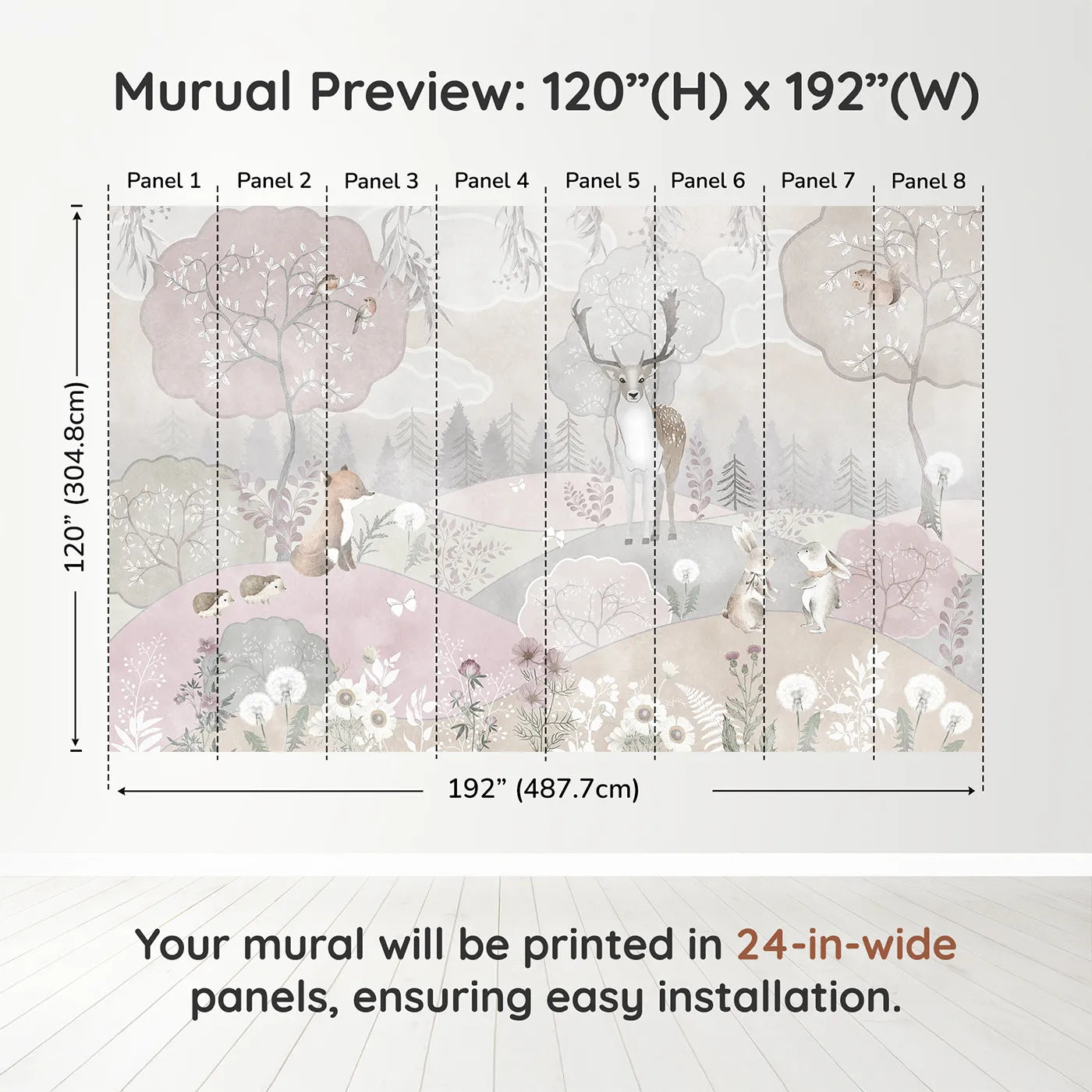 Whimsy Tots Dusty Rose Woodland Wall Muraldimension view (120" H x 192" W). Printed in eight 24-inch-wide panels. Gender-Neutral