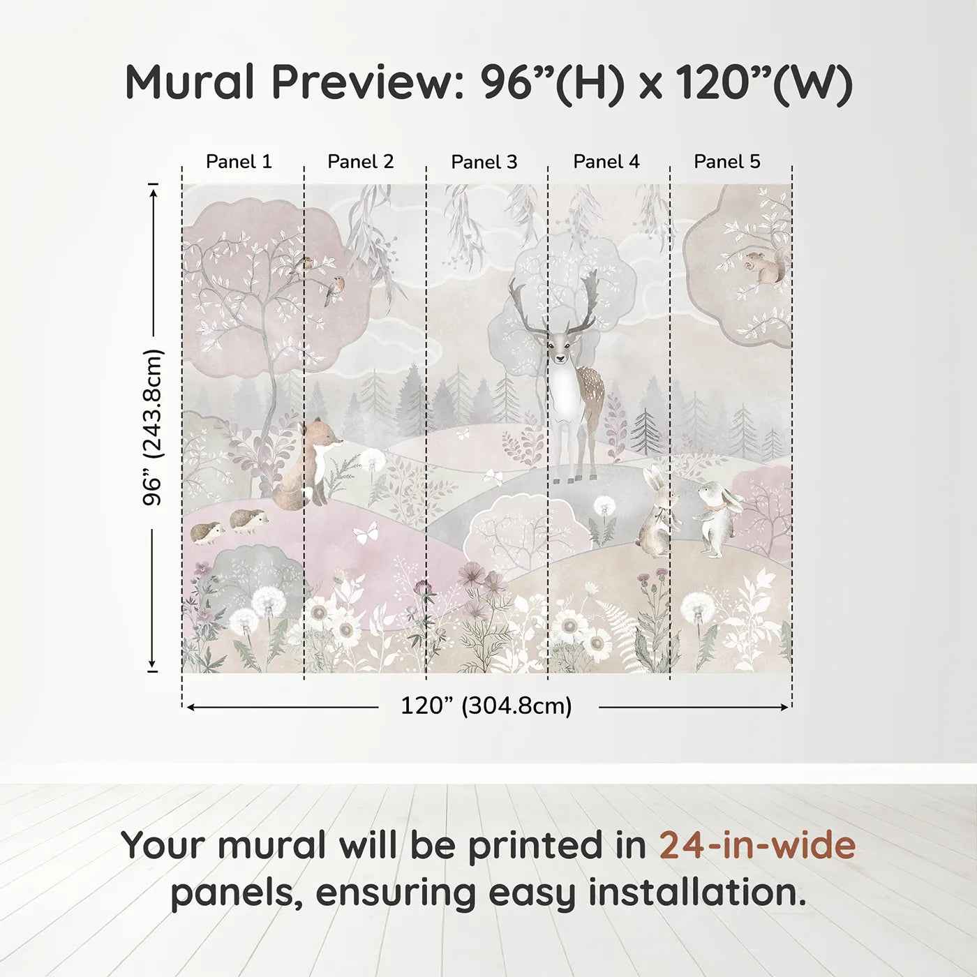 Whimsy Tots Dusty Rose Woodland Wall Muraldimension view (96" H x 120" W). Printed in five 24-inch-wide panels. Gender-Neutral