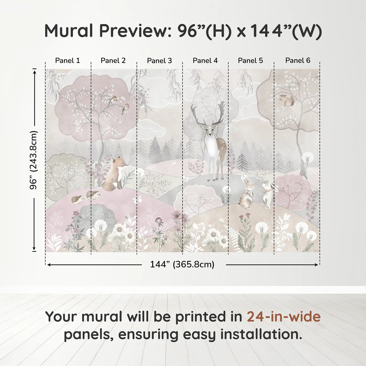 Whimsy Tots Dusty Rose Woodland Wall Muraldimension view (96" H x 144" W). Printed in six 24-inch-wide panels. Gender-Neutral