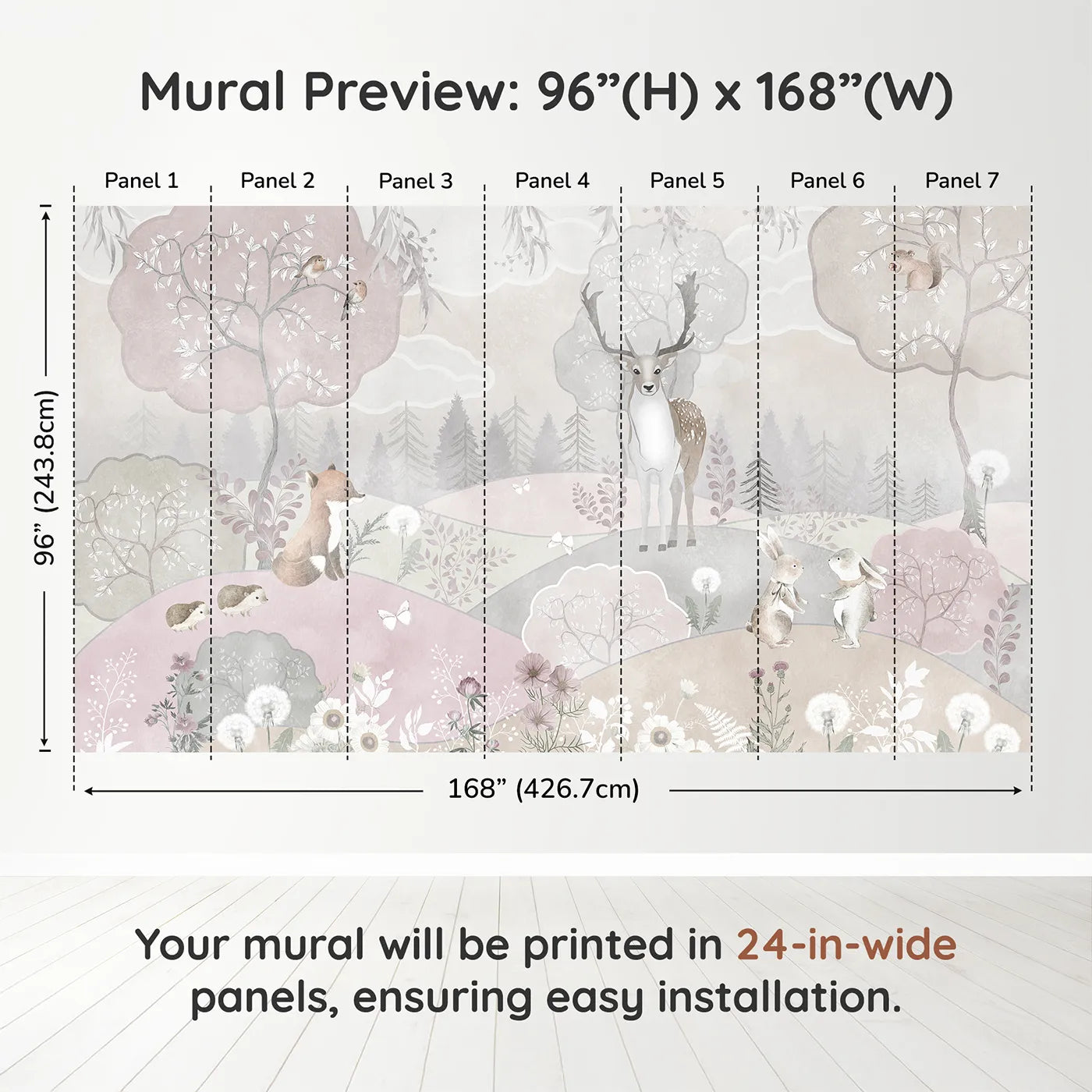 Whimsy Tots Dusty Rose Woodland Wall Muraldimension view (96" H x 168" W). Printed in seven 24-inch-wide panels. Gender-Neutral