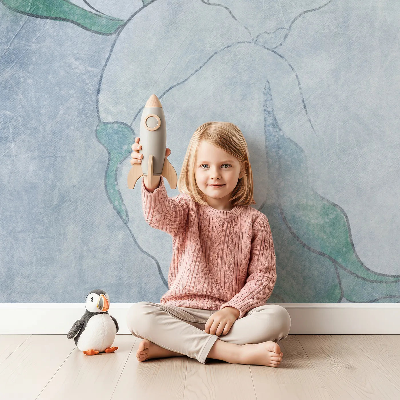 Child in front of Whimsy Tots Blue Cotton Flower Wall Mural with flower, cotton, abstract, blue, grunge, modern, minimalist, floral in design.