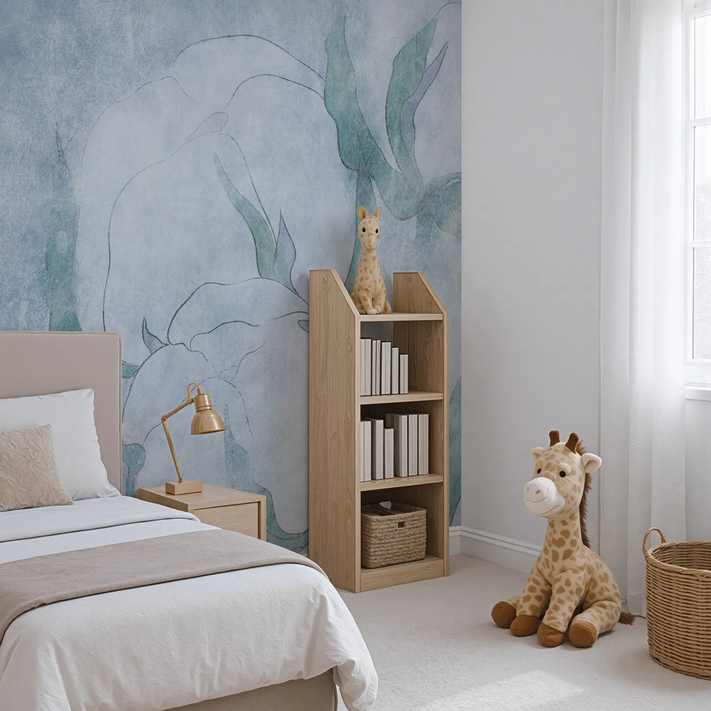 Angled view of Whimsy Tots' Blue Cotton Flower Wall Mural (Turn Their Room into a Field of Soft, Gentle Beauty).Gender-Neutral