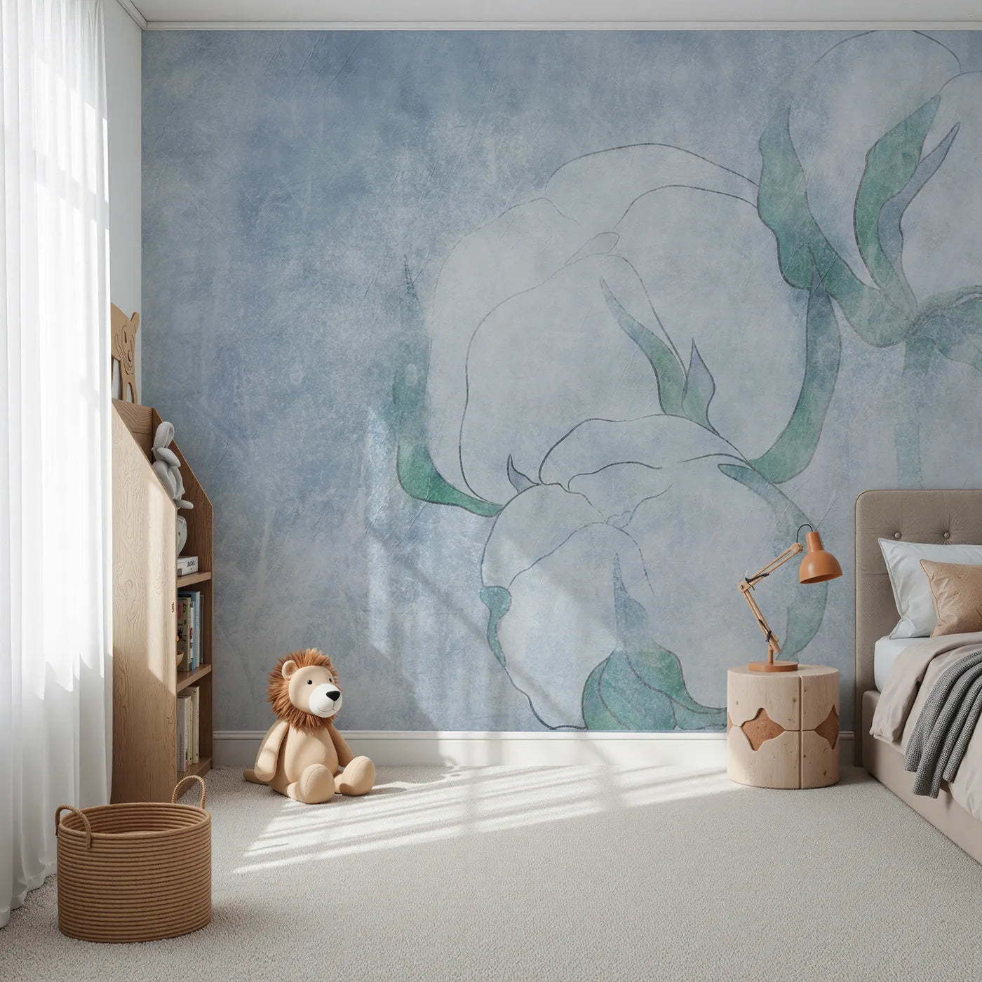Front view of Whimsy Tots' Blue Cotton Flower Wall Mural
