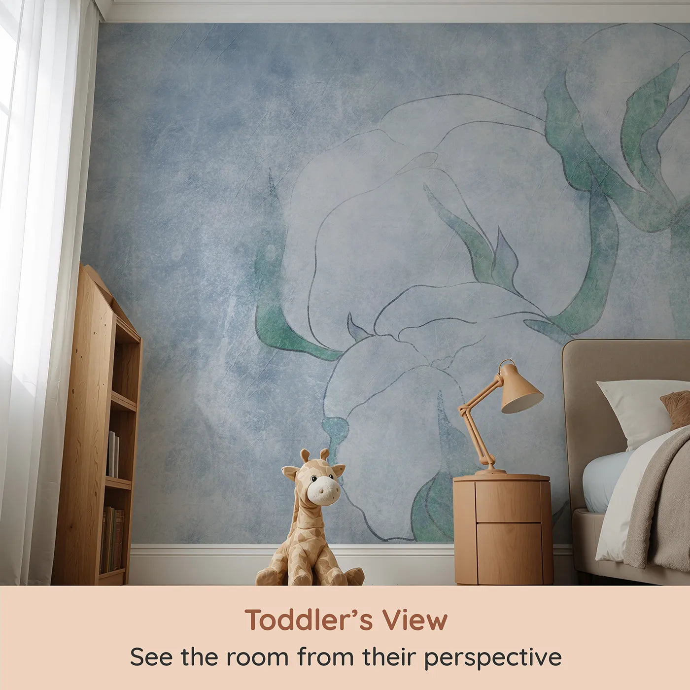 Whimsy Tots Blue Cotton Flower Wall Mural (Turn Their Room into a Field of Soft, Gentle Beauty) from your child's view.Gender-Neutral