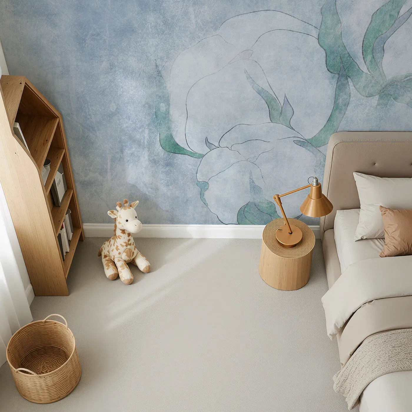 Top-down view of Whimsy Tots' Blue Cotton Flower Wall Mural (Turn Their Room into a Field of Soft, Gentle Beauty).Gender-Neutral