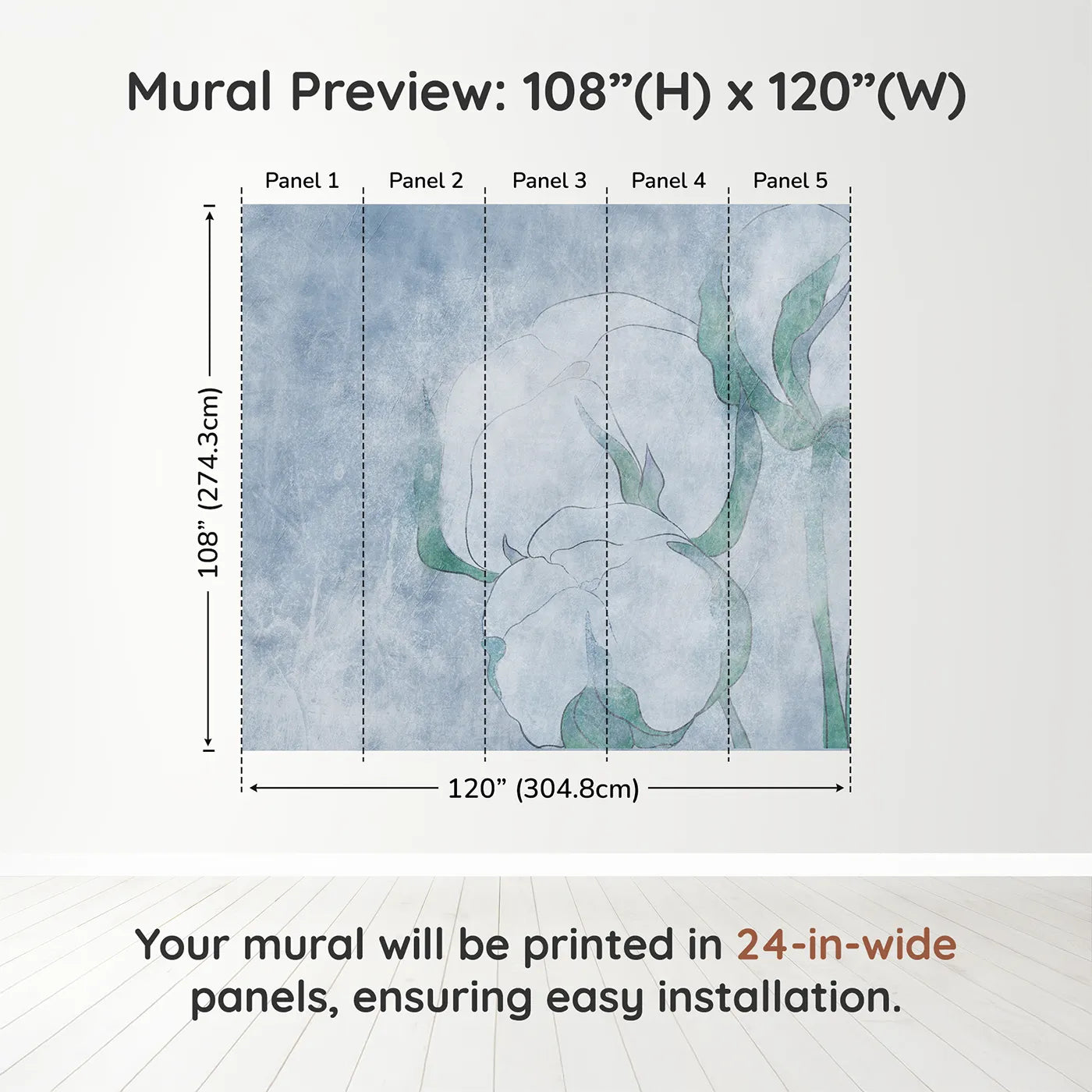 Whimsy Tots Blue Cotton Flower Wall Muraldimension view (108" H x 120" W). Printed in five 24-inch-wide panels. Gender-Neutral