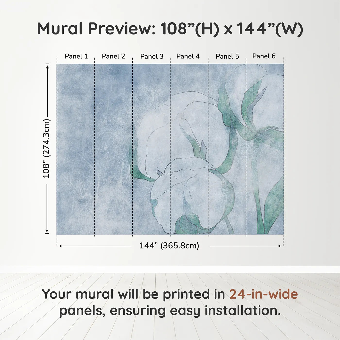 Whimsy Tots Blue Cotton Flower Wall Muraldimension view (108" H x 144" W). Printed in six 24-inch-wide panels. Gender-Neutral