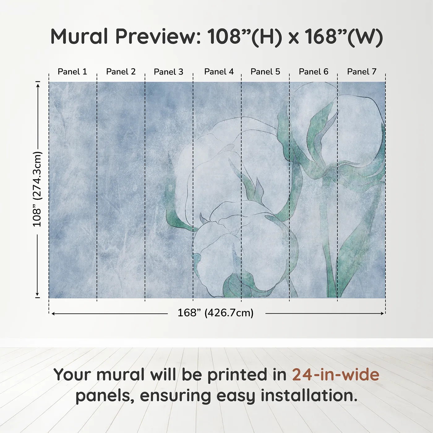 Whimsy Tots Blue Cotton Flower Wall Muraldimension view (108" H x 168" W). Printed in seven 24-inch-wide panels. Gender-Neutral