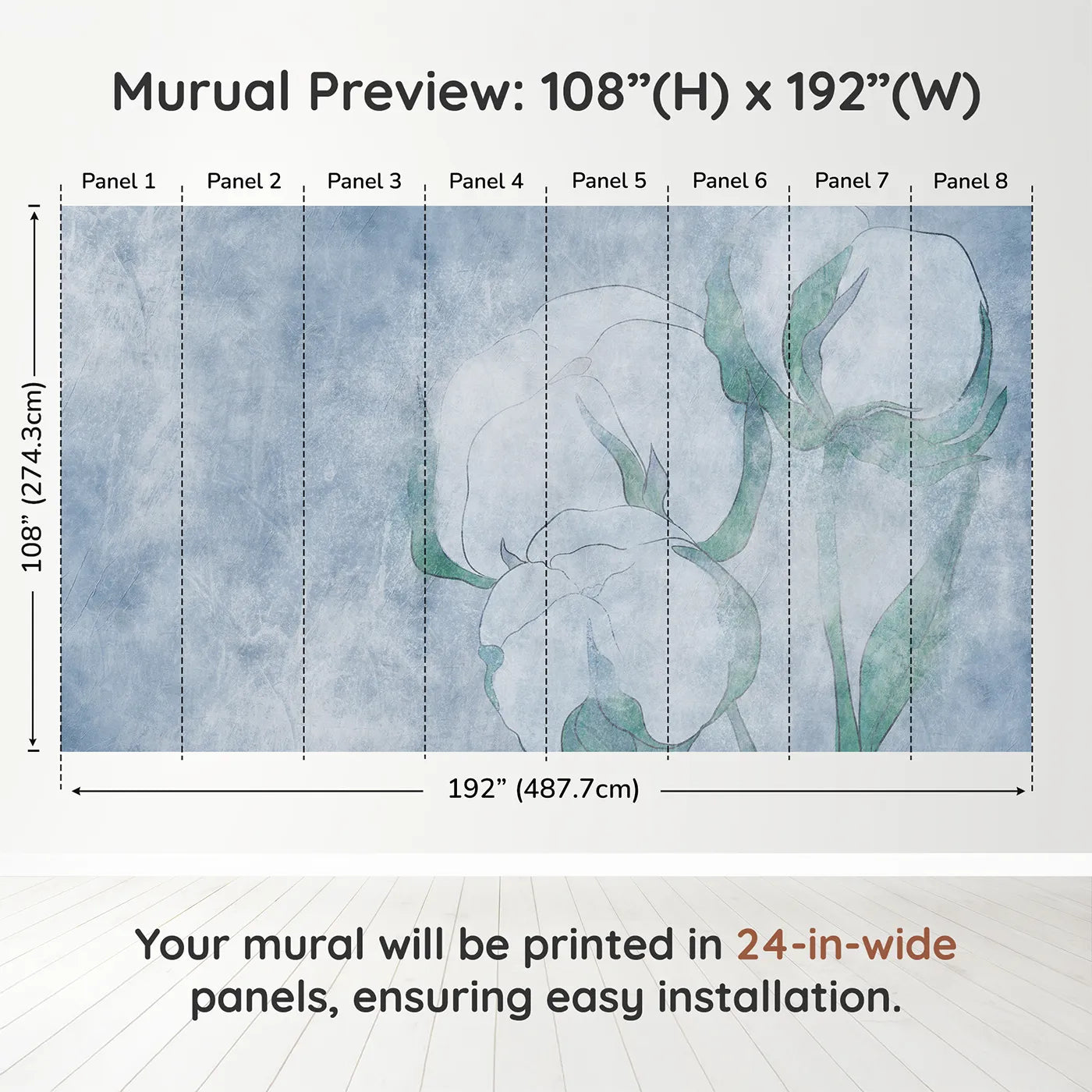 Whimsy Tots Blue Cotton Flower Wall Muraldimension view (108" H x 192" W). Printed in eight 24-inch-wide panels. Gender-Neutral