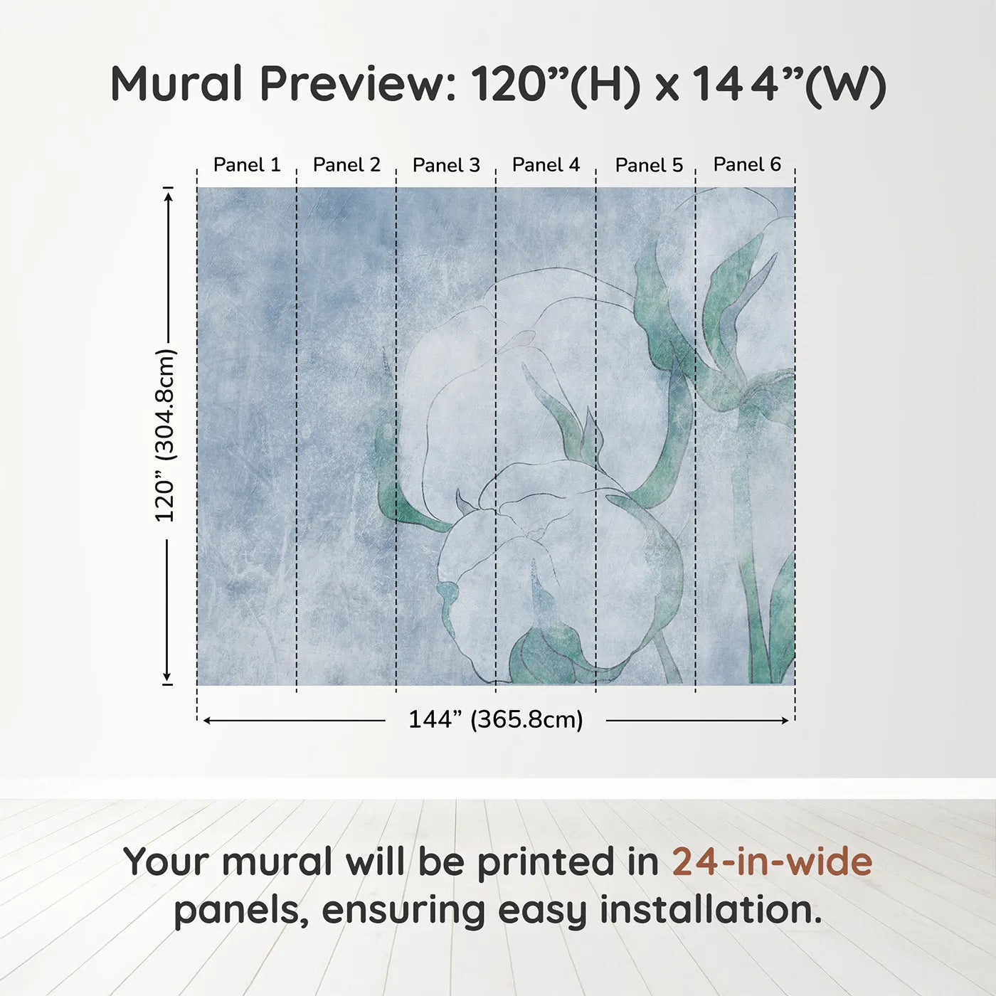 Whimsy Tots Blue Cotton Flower Wall Muraldimension view (120" H x 144" W). Printed in six 24-inch-wide panels. Gender-Neutral