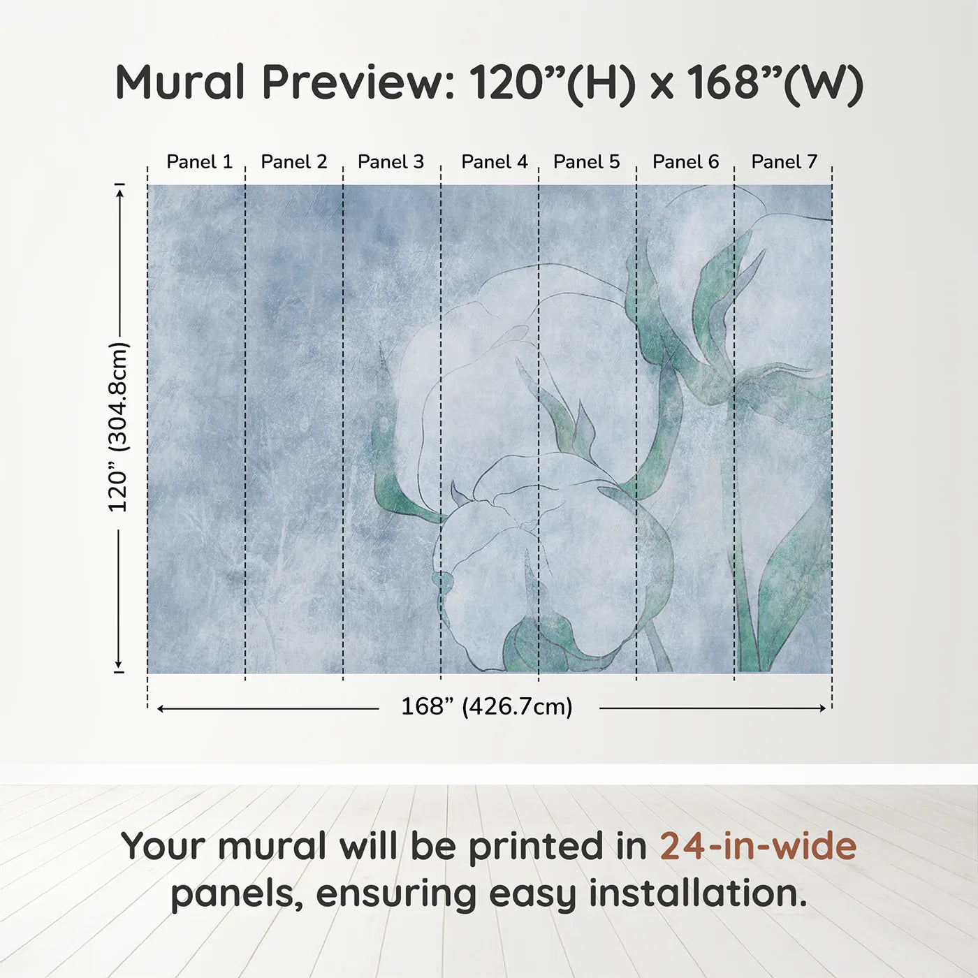 Whimsy Tots Blue Cotton Flower Wall Muraldimension view (120" H x 168" W). Printed in seven 24-inch-wide panels. Gender-Neutral