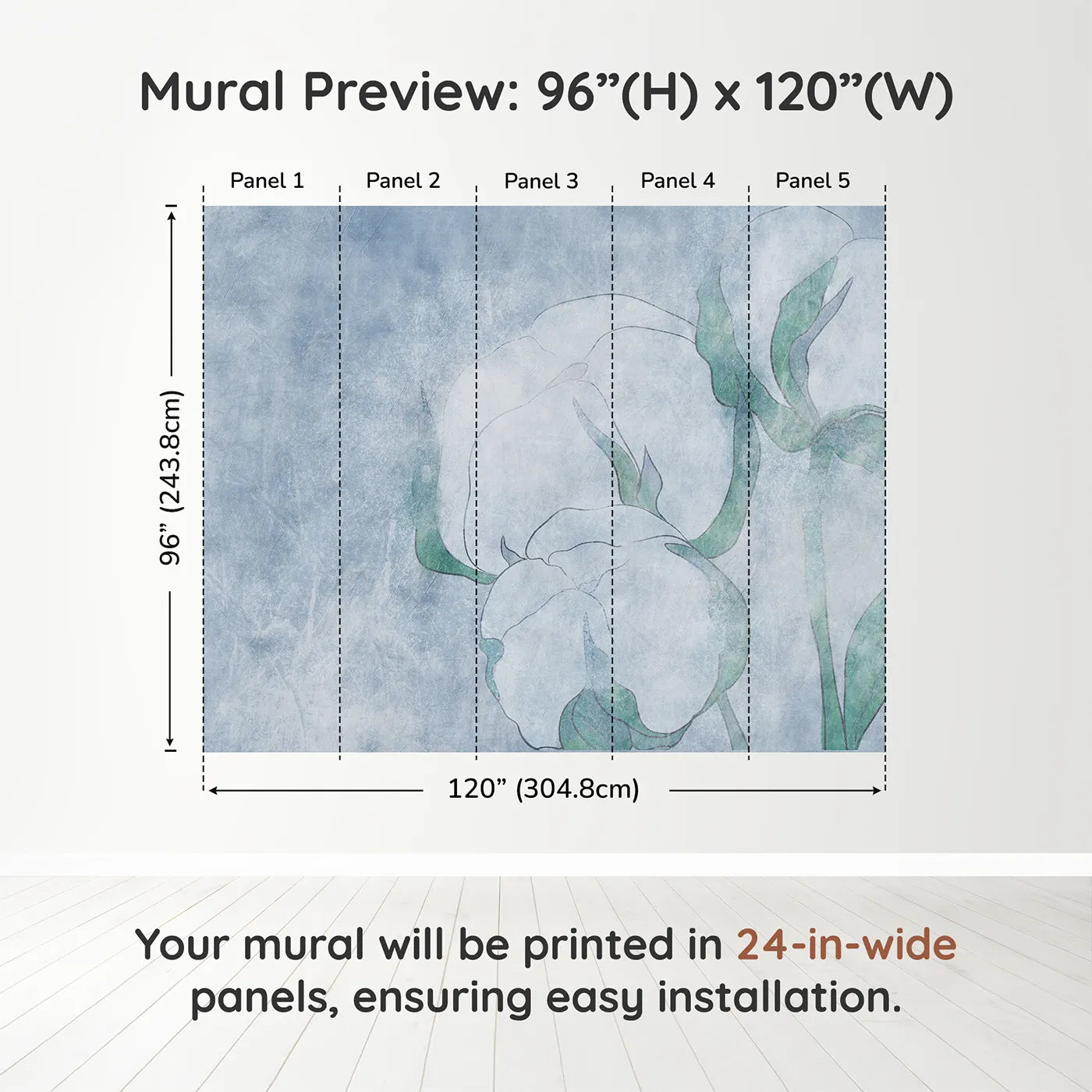 Whimsy Tots Blue Cotton Flower Wall Muraldimension view (96" H x 120" W). Printed in five 24-inch-wide panels. Gender-Neutral