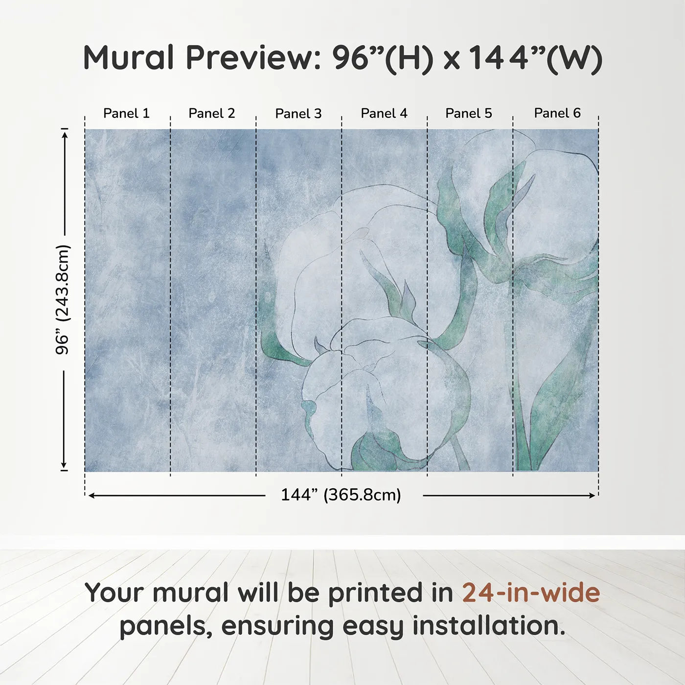 Whimsy Tots Blue Cotton Flower Wall Muraldimension view (96" H x 144" W). Printed in six 24-inch-wide panels. Gender-Neutral