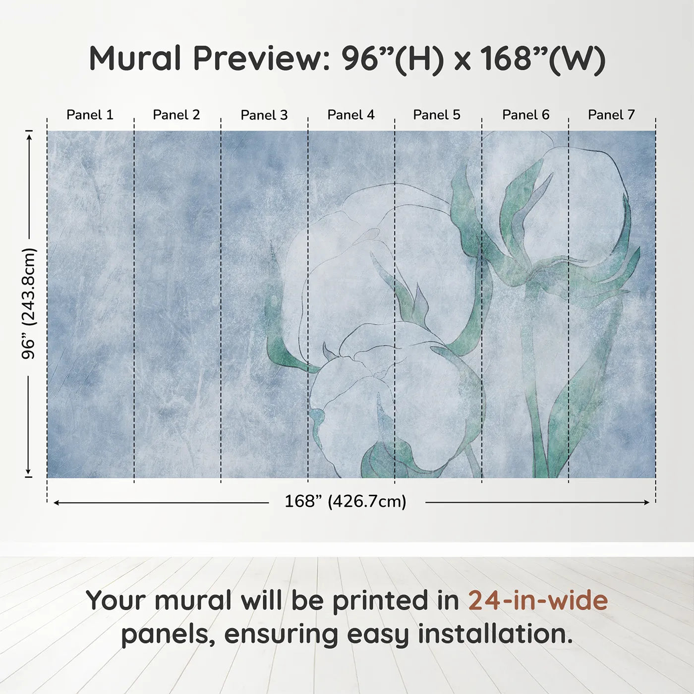 Whimsy Tots Blue Cotton Flower Wall Muraldimension view (96" H x 168" W). Printed in seven 24-inch-wide panels. Gender-Neutral