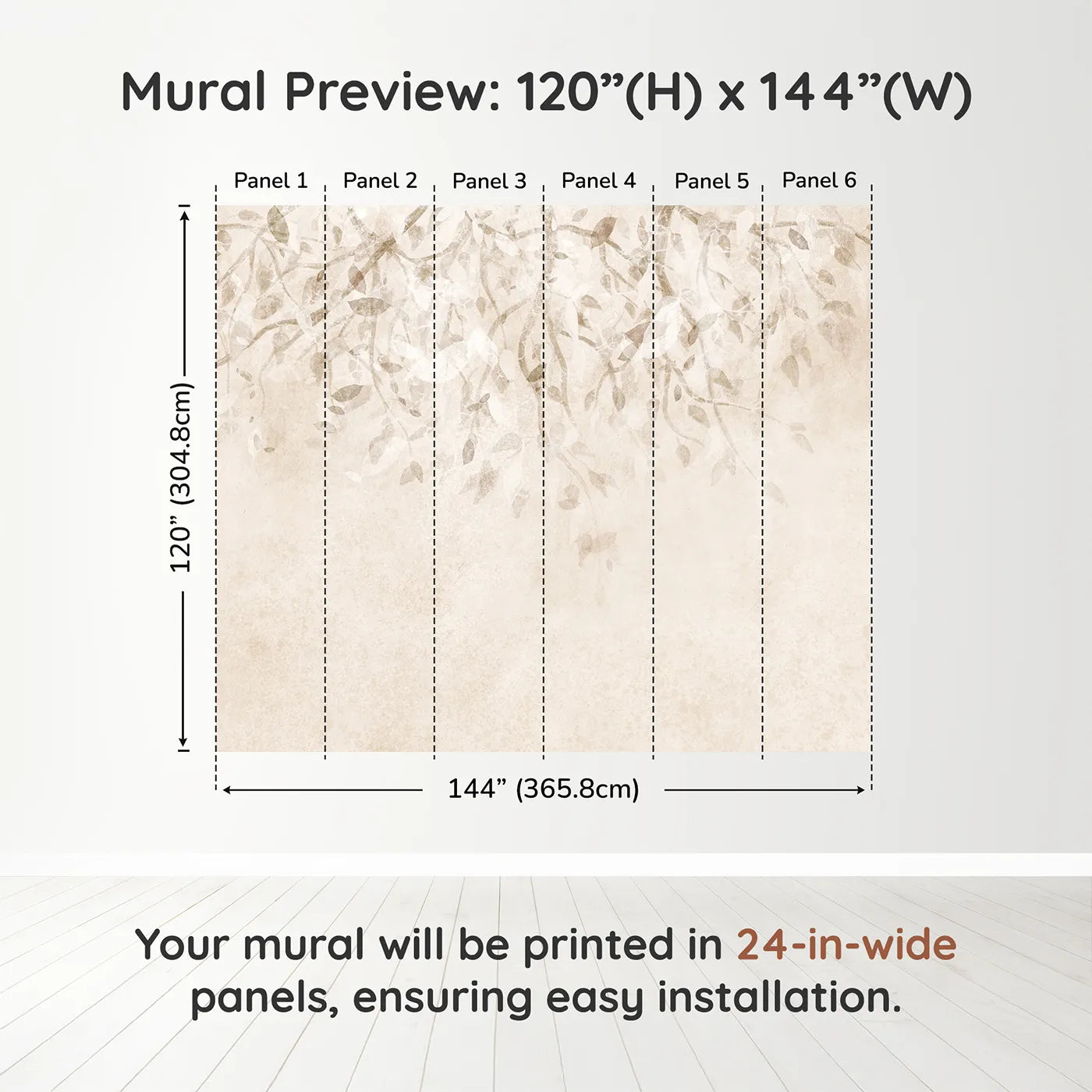 Whimsy Tots Beige Leaf Canopy Wall Muraldimension view (120" H x 144" W). Printed in six 24-inch-wide panels. Gender-Neutral
