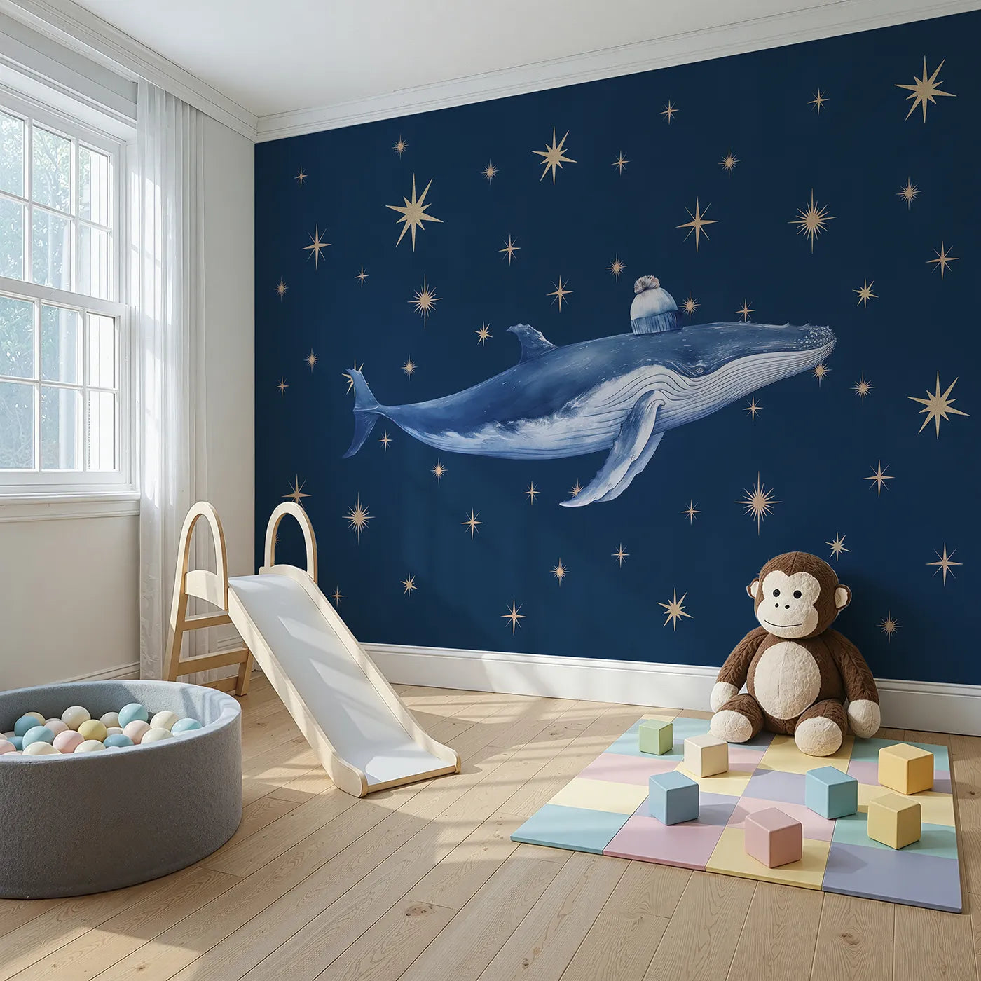 Angled view of Whimsy Tots' Starry Whale Wall Mural (Turn Their Room into a Magical, Cosmic Ocean).Gender-Neutral