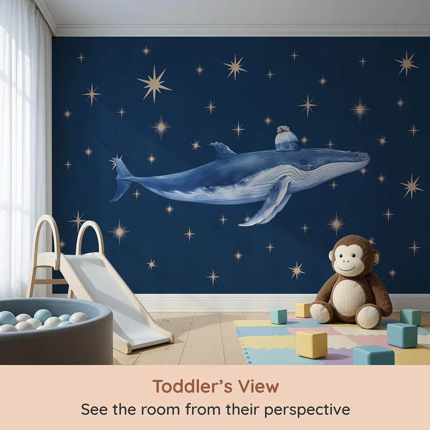 Whimsy Tots Starry Whale Wall Mural (Turn Their Room into a Magical, Cosmic Ocean) from your child's view.Gender-Neutral