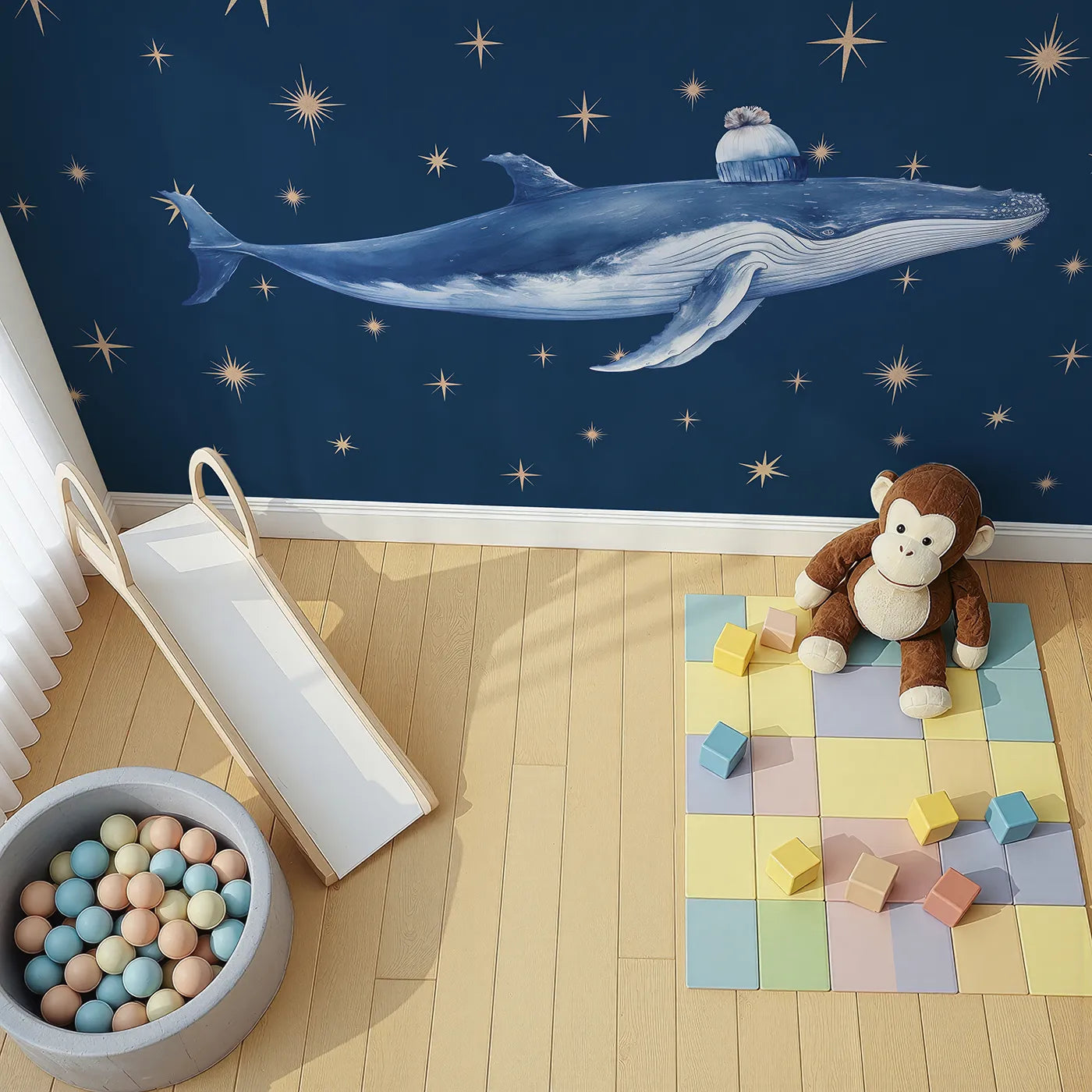 Top-down view of Whimsy Tots' Starry Whale Wall Mural (Turn Their Room into a Magical, Cosmic Ocean).Gender-Neutral