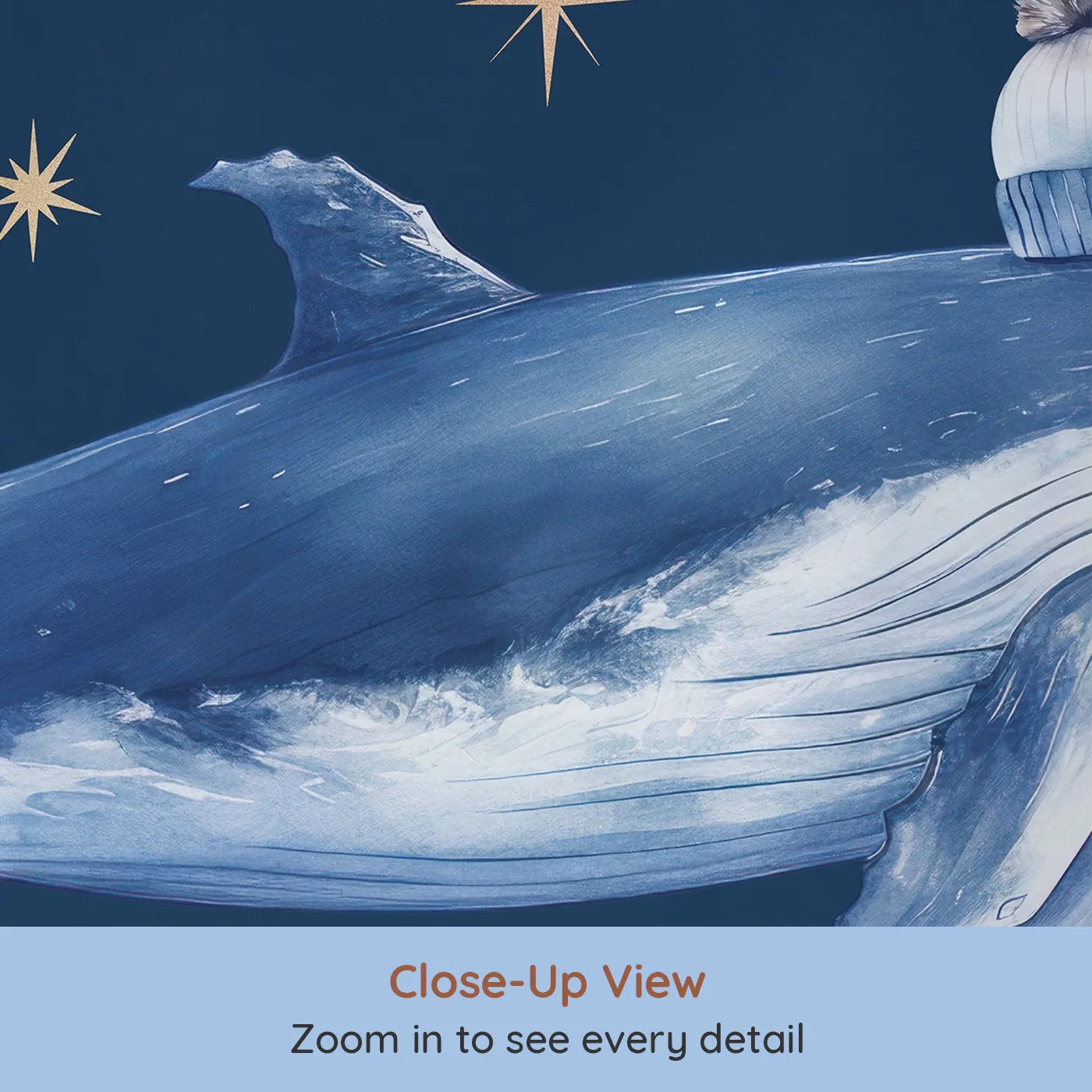 Close-up view of Whimsy Tots' Starry Whale Wall Mural (Turn Their Room into a Magical, Cosmic Ocean).Gender-Neutral