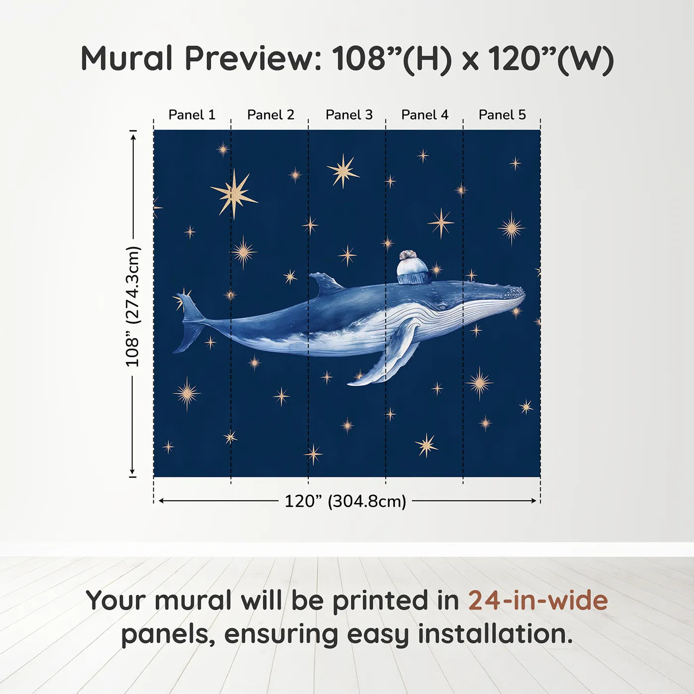 Whimsy Tots Starry Whale Wall Muraldimension view (108" H x 120" W). Printed in five 24-inch-wide panels. Gender-Neutral