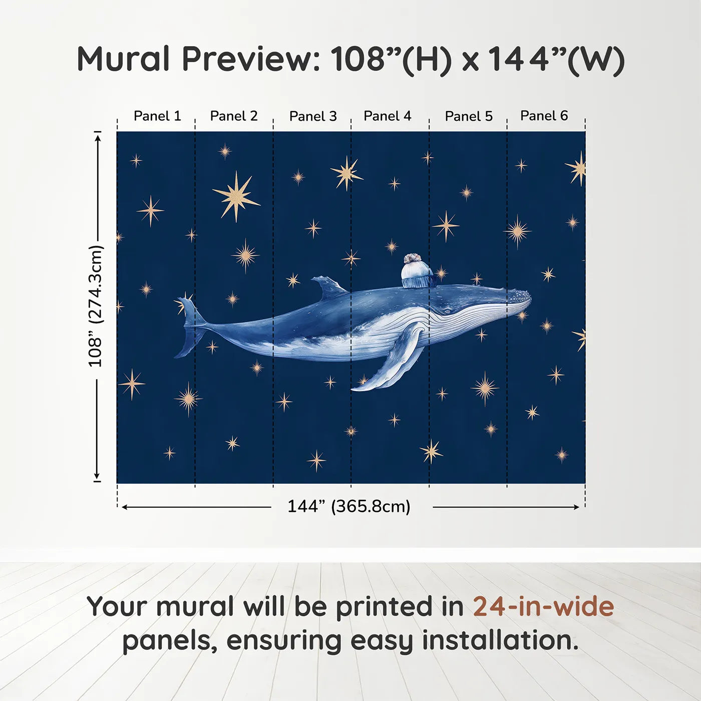 Whimsy Tots Starry Whale Wall Muraldimension view (108" H x 144" W). Printed in six 24-inch-wide panels. Gender-Neutral