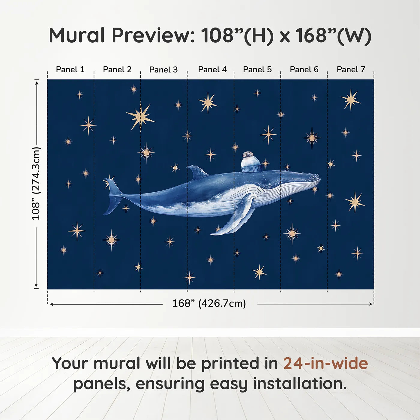 Whimsy Tots Starry Whale Wall Muraldimension view (108" H x 168" W). Printed in seven 24-inch-wide panels. Gender-Neutral