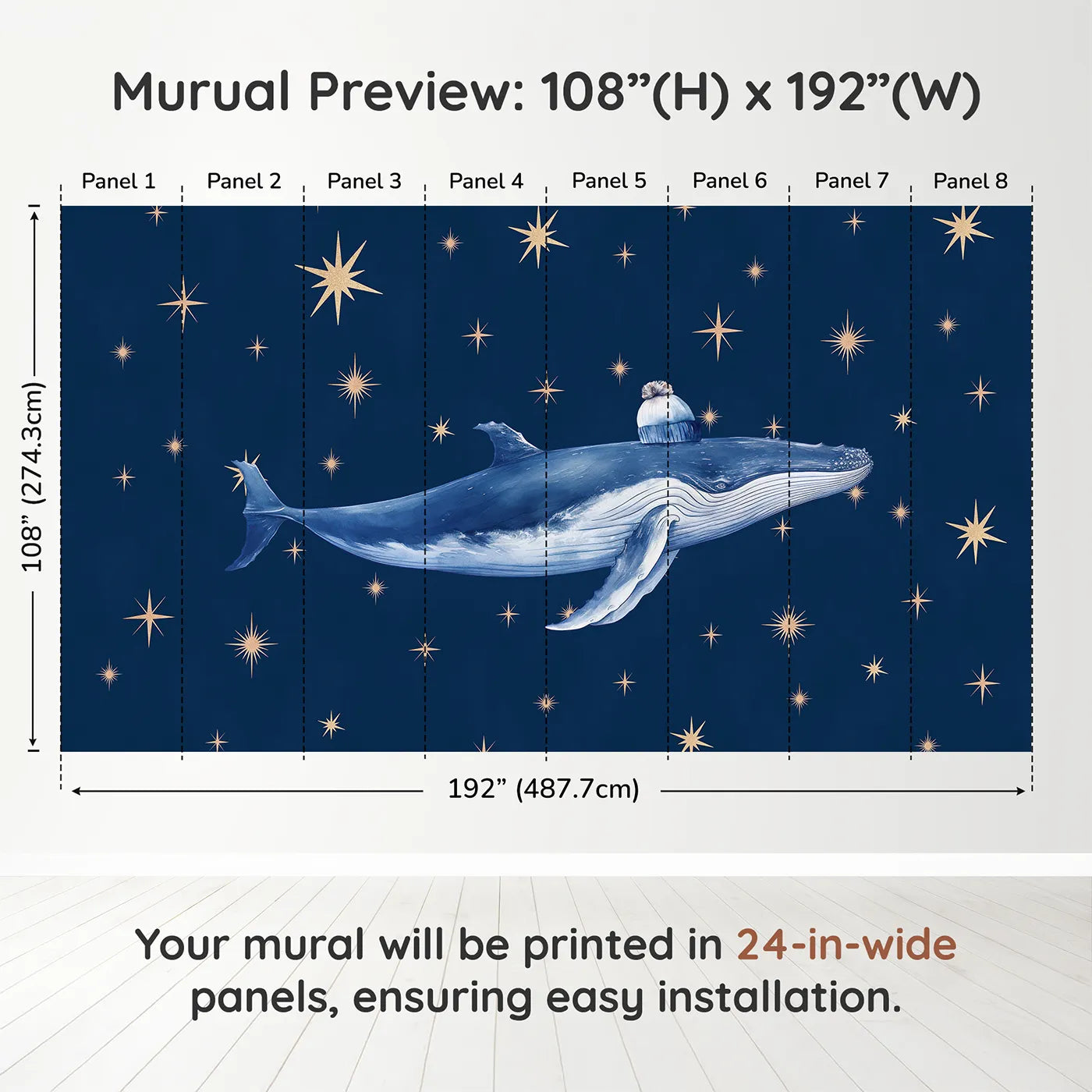 Whimsy Tots Starry Whale Wall Muraldimension view (108" H x 192" W). Printed in eight 24-inch-wide panels. Gender-Neutral