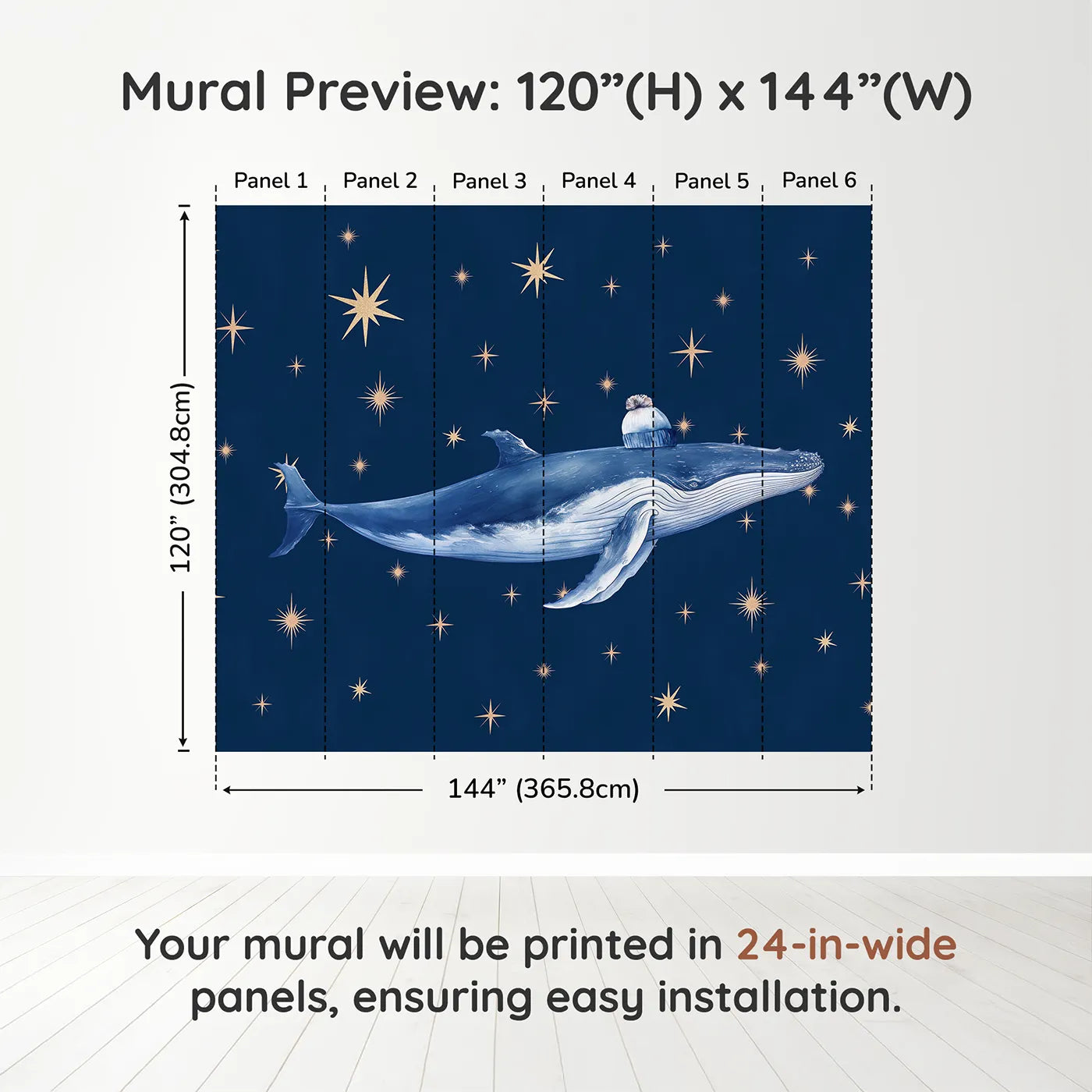 Whimsy Tots Starry Whale Wall Muraldimension view (120" H x 144" W). Printed in six 24-inch-wide panels. Gender-Neutral