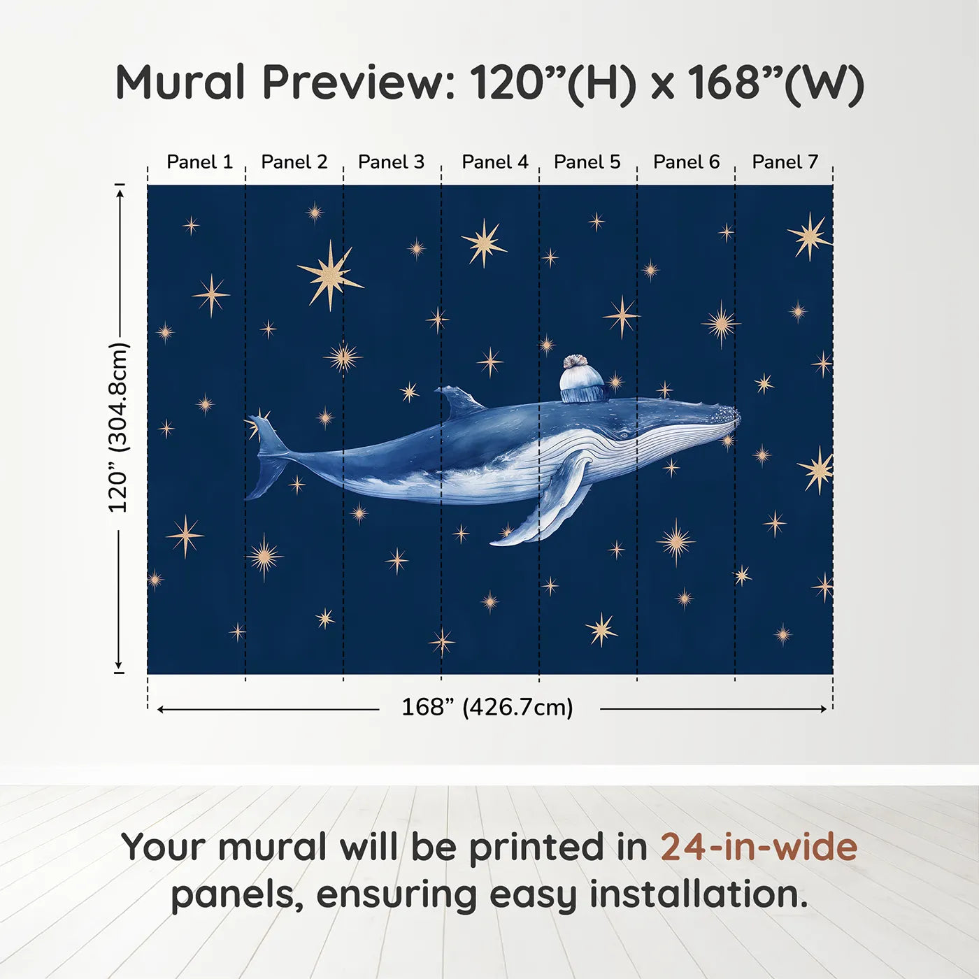 Whimsy Tots Starry Whale Wall Muraldimension view (120" H x 168" W). Printed in seven 24-inch-wide panels. Gender-Neutral