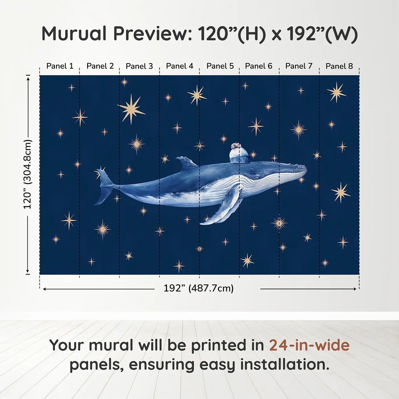 Whimsy Tots Starry Whale Wall Muraldimension view (120" H x 192" W). Printed in eight 24-inch-wide panels. Gender-Neutral