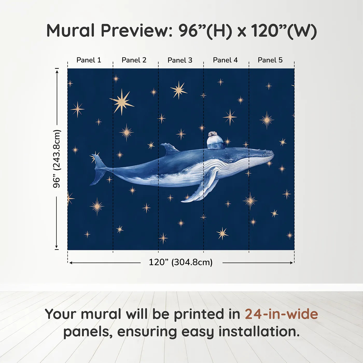 Whimsy Tots Starry Whale Wall Muraldimension view (96" H x 120" W). Printed in five 24-inch-wide panels. Gender-Neutral