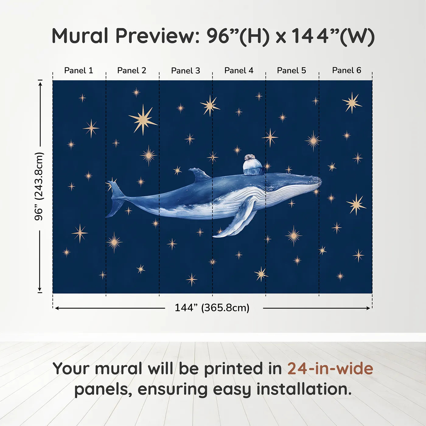 Whimsy Tots Starry Whale Wall Muraldimension view (96" H x 144" W). Printed in six 24-inch-wide panels. Gender-Neutral