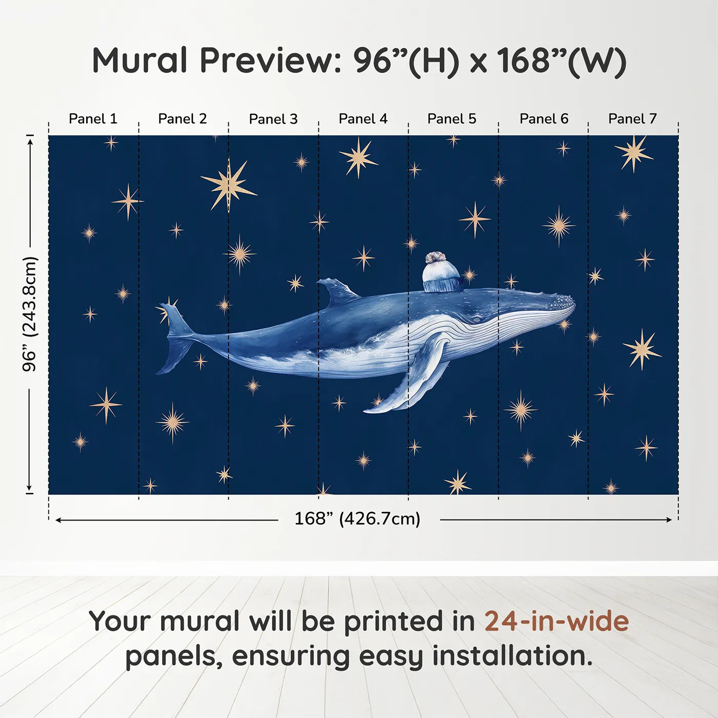 Whimsy Tots Starry Whale Wall Muraldimension view (96" H x 168" W). Printed in seven 24-inch-wide panels. Gender-Neutral