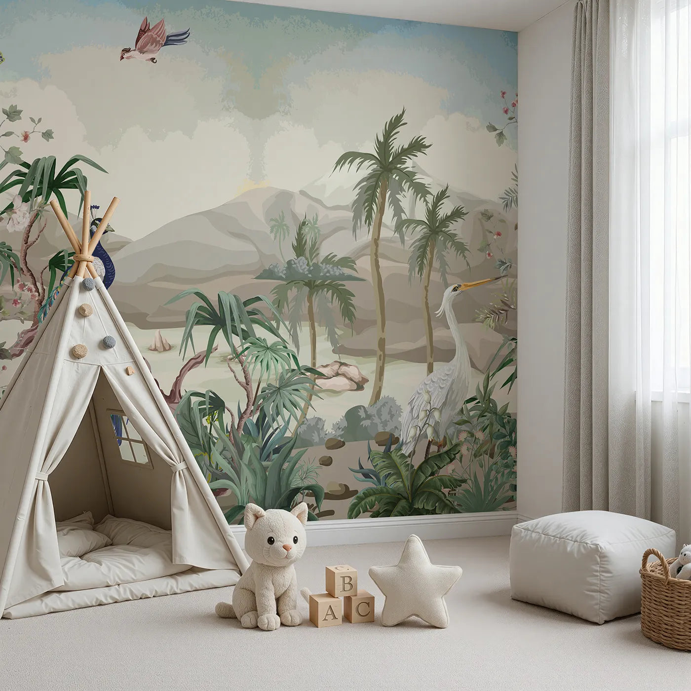Angled view of Whimsy Tots' Exotic Bird Garden Wall Mural (Turn Their Room into a Lush, Hand-Painted Paradise).Gender-Neutral