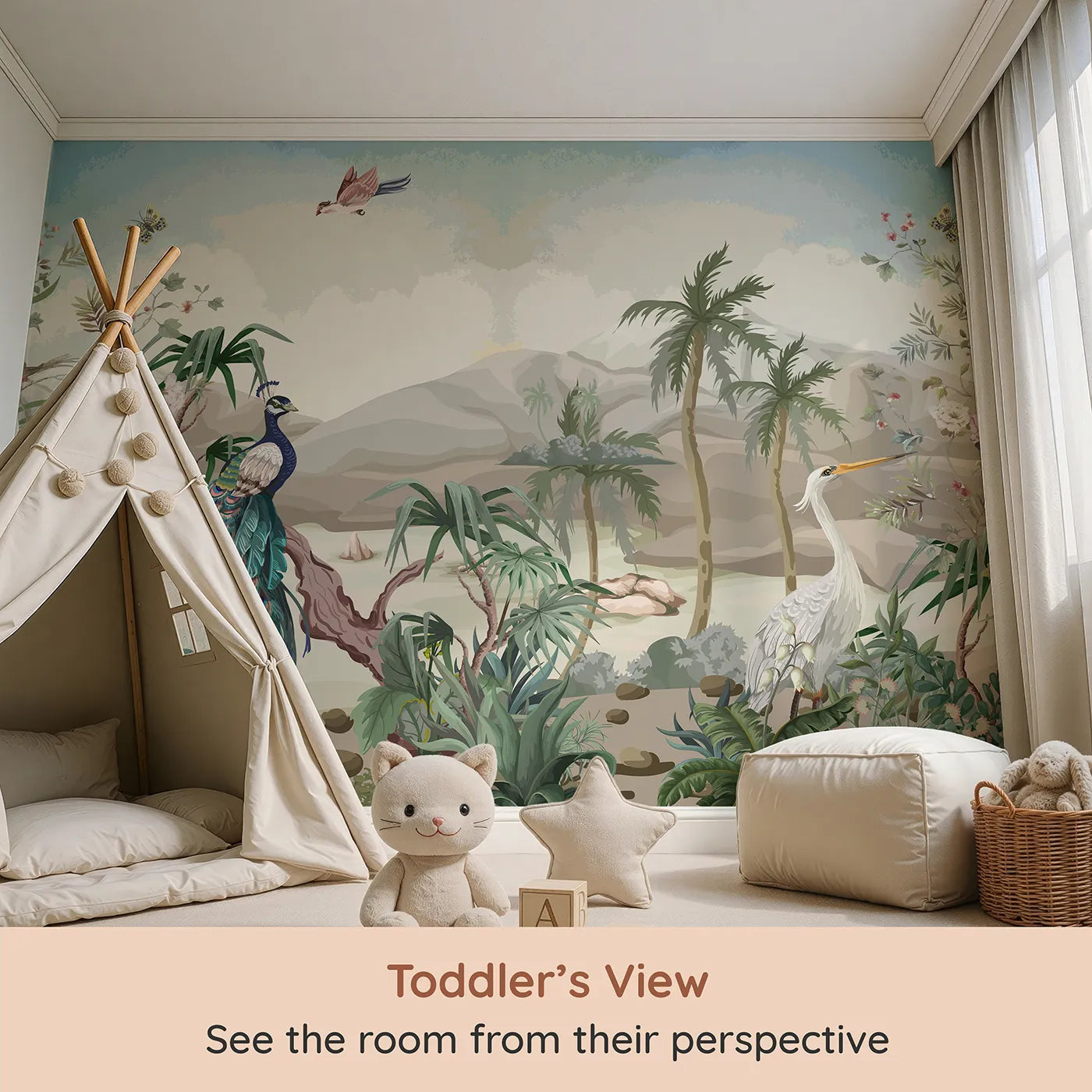 Whimsy Tots Exotic Bird Garden Wall Mural (Turn Their Room into a Lush, Hand-Painted Paradise) from your child's view.Gender-Neutral