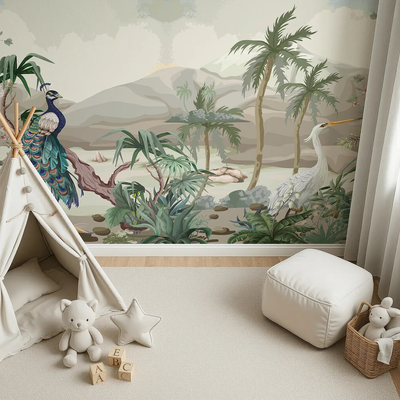 Top-down view of Whimsy Tots' Exotic Bird Garden Wall Mural (Turn Their Room into a Lush, Hand-Painted Paradise).Gender-Neutral
