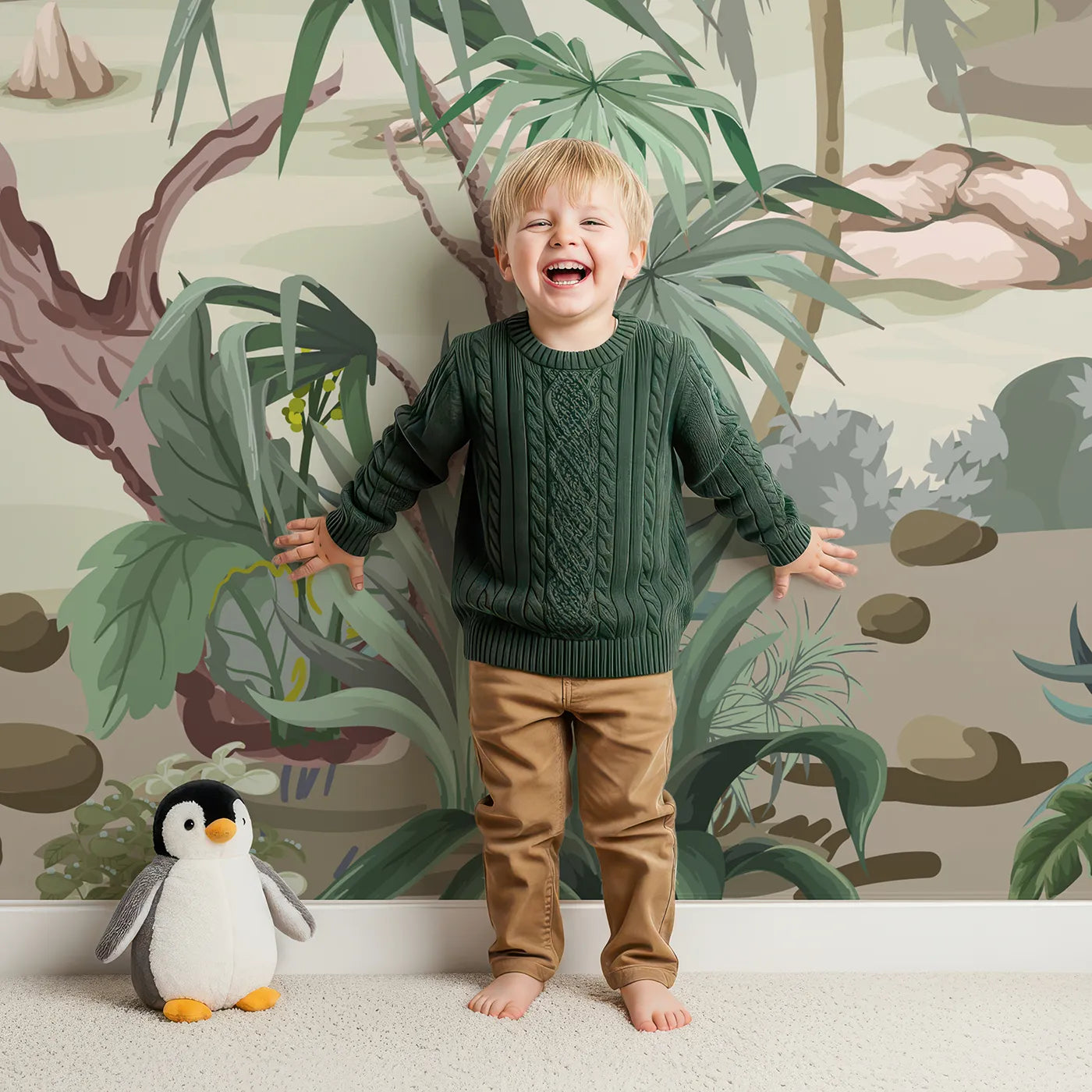 Child in front of Whimsy Tots Exotic Bird Garden Wall Mural with chinoiserie, vintage, floral, bird, peacock, tropical, classic, elegant in design.