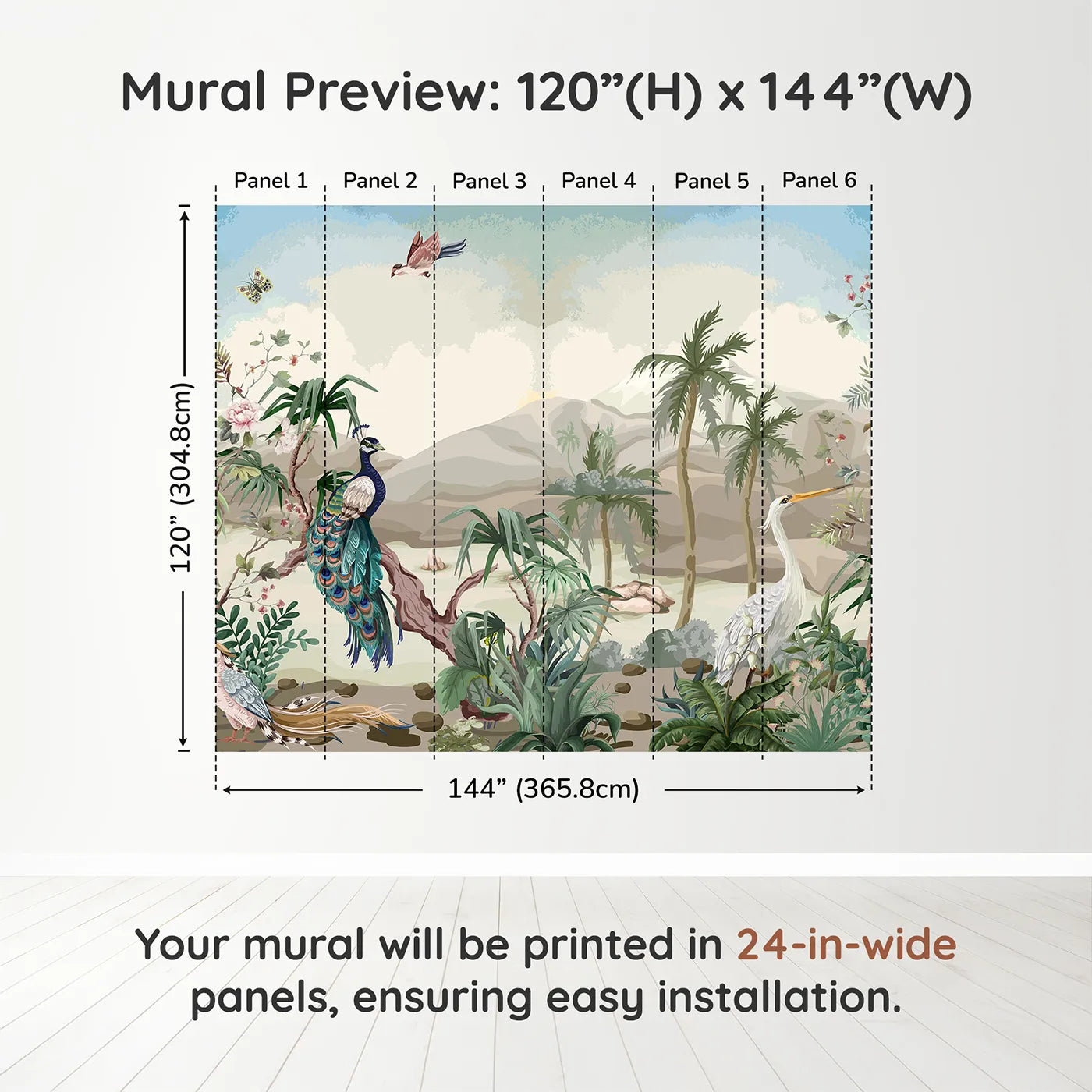 Whimsy Tots Exotic Bird Garden Wall Muraldimension view (120" H x 144" W). Printed in six 24-inch-wide panels. Gender-Neutral