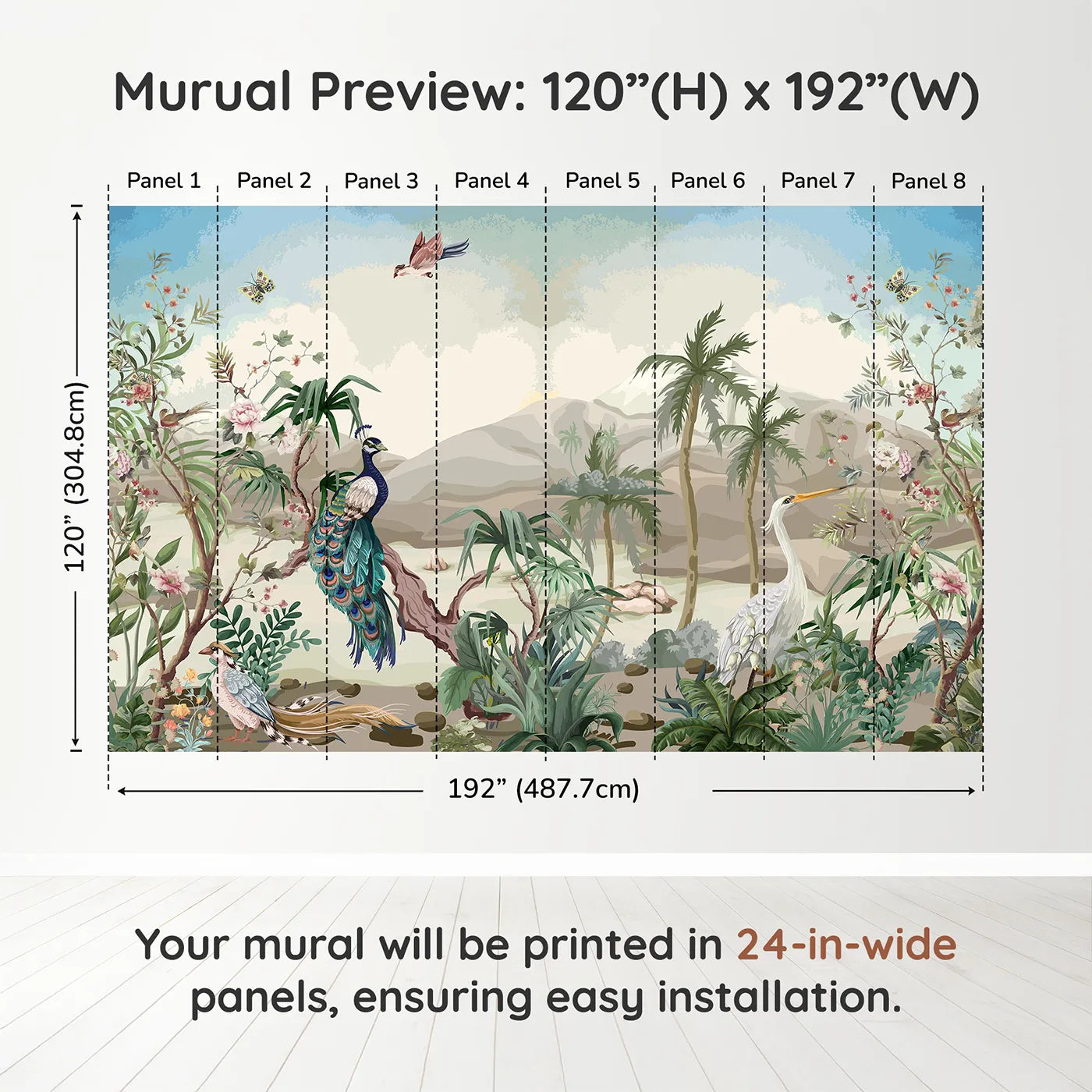 Whimsy Tots Exotic Bird Garden Wall Muraldimension view (120" H x 192" W). Printed in eight 24-inch-wide panels. Gender-Neutral