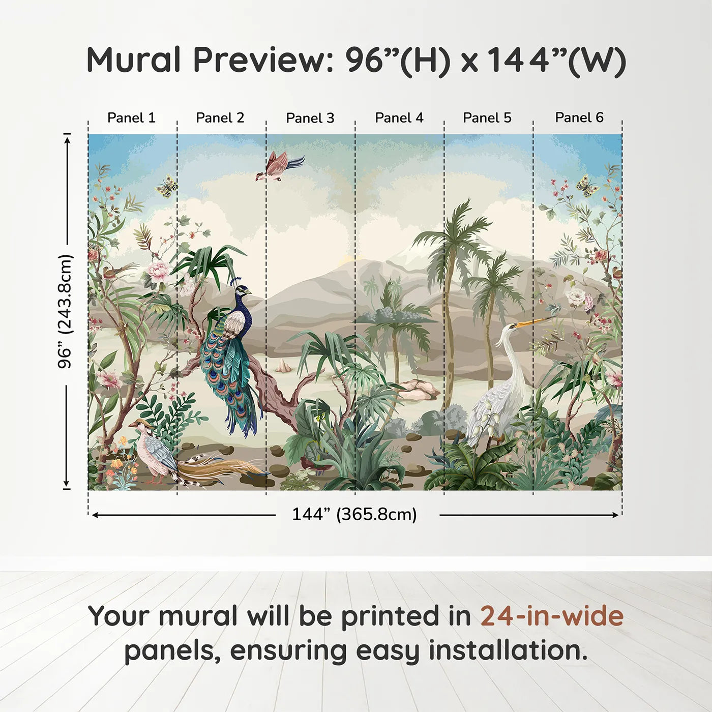 Whimsy Tots Exotic Bird Garden Wall Muraldimension view (96" H x 144" W). Printed in six 24-inch-wide panels. Gender-Neutral