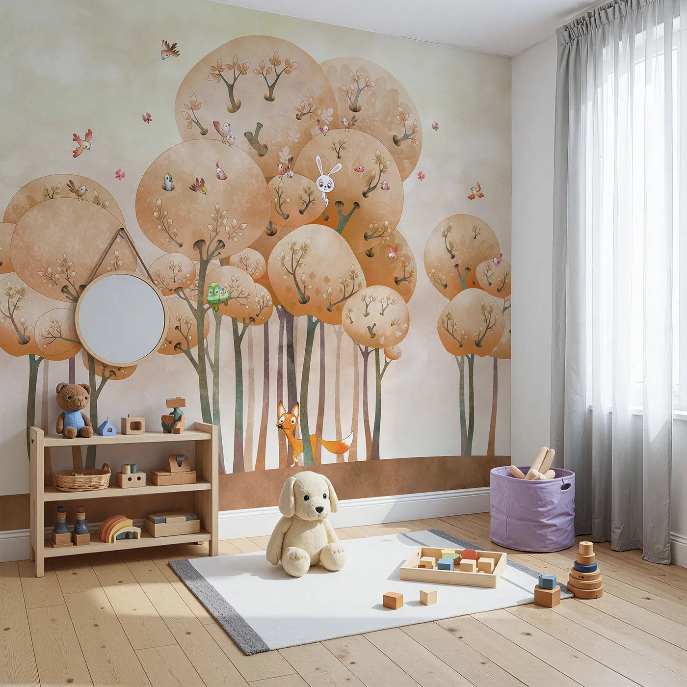 Angled view of Whimsy Tots' Whimsical Autumn Forest Wall Mural (Turn Their Room into a Forest of Storybook Charm).Gender-Neutral