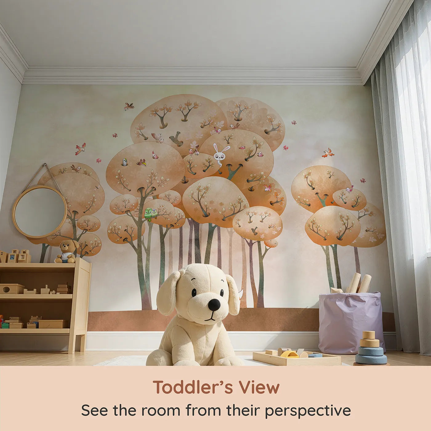 Whimsy Tots Whimsical Autumn Forest Wall Mural (Turn Their Room into a Forest of Storybook Charm) from your child's view.Gender-Neutral
