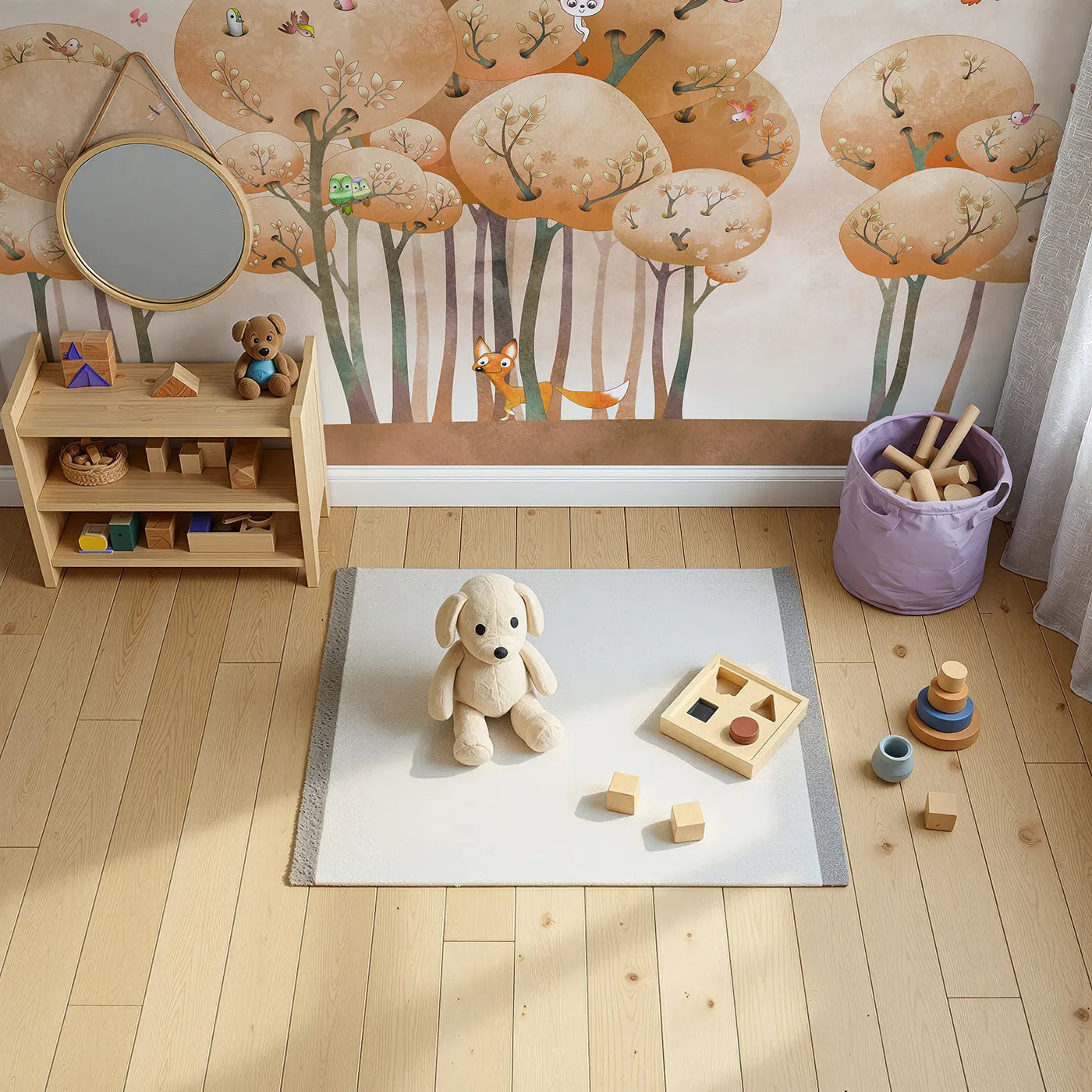 Top-down view of Whimsy Tots' Whimsical Autumn Forest Wall Mural (Turn Their Room into a Forest of Storybook Charm).Gender-Neutral