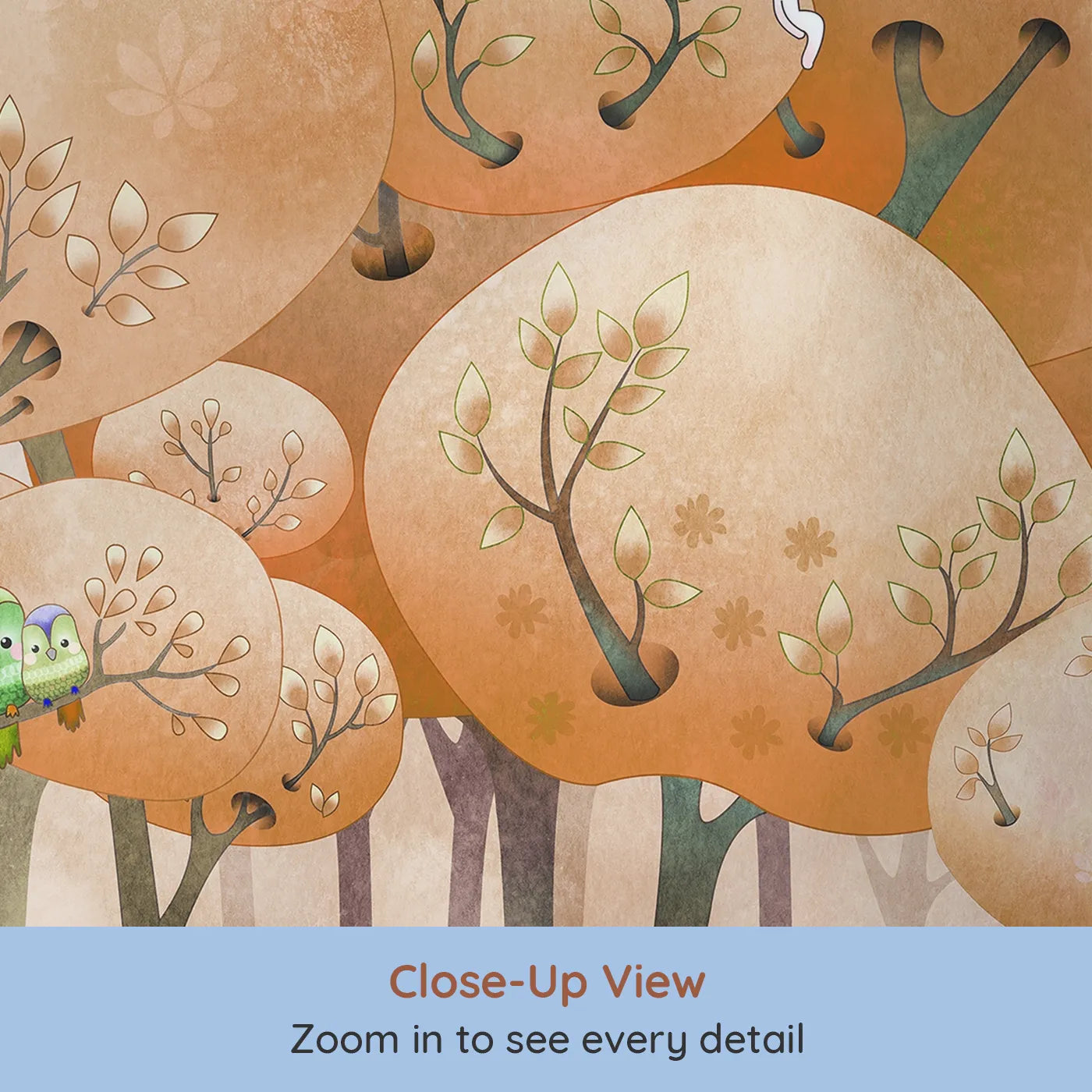 Close-up view of Whimsy Tots' Whimsical Autumn Forest Wall Mural (Turn Their Room into a Forest of Storybook Charm).Gender-Neutral