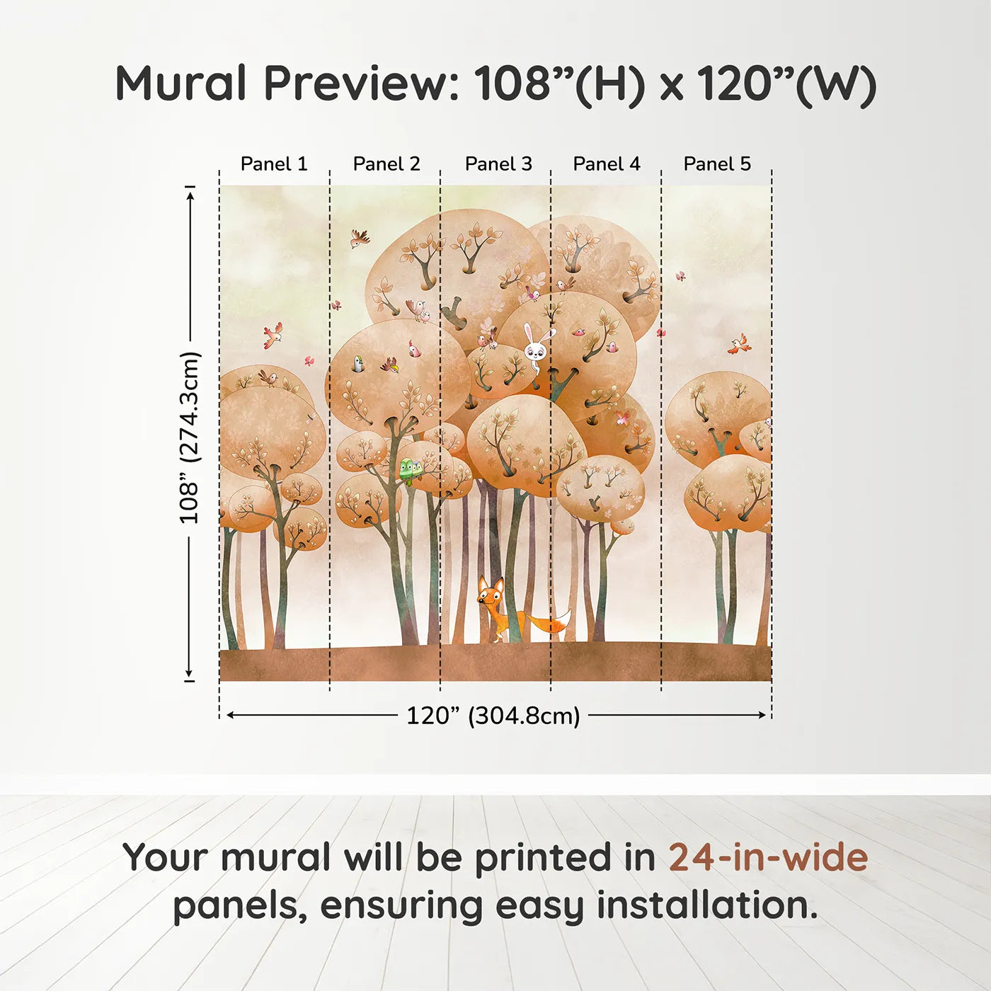 Whimsy Tots Whimsical Autumn Forest Wall Muraldimension view (108" H x 120" W). Printed in five 24-inch-wide panels. Gender-Neutral