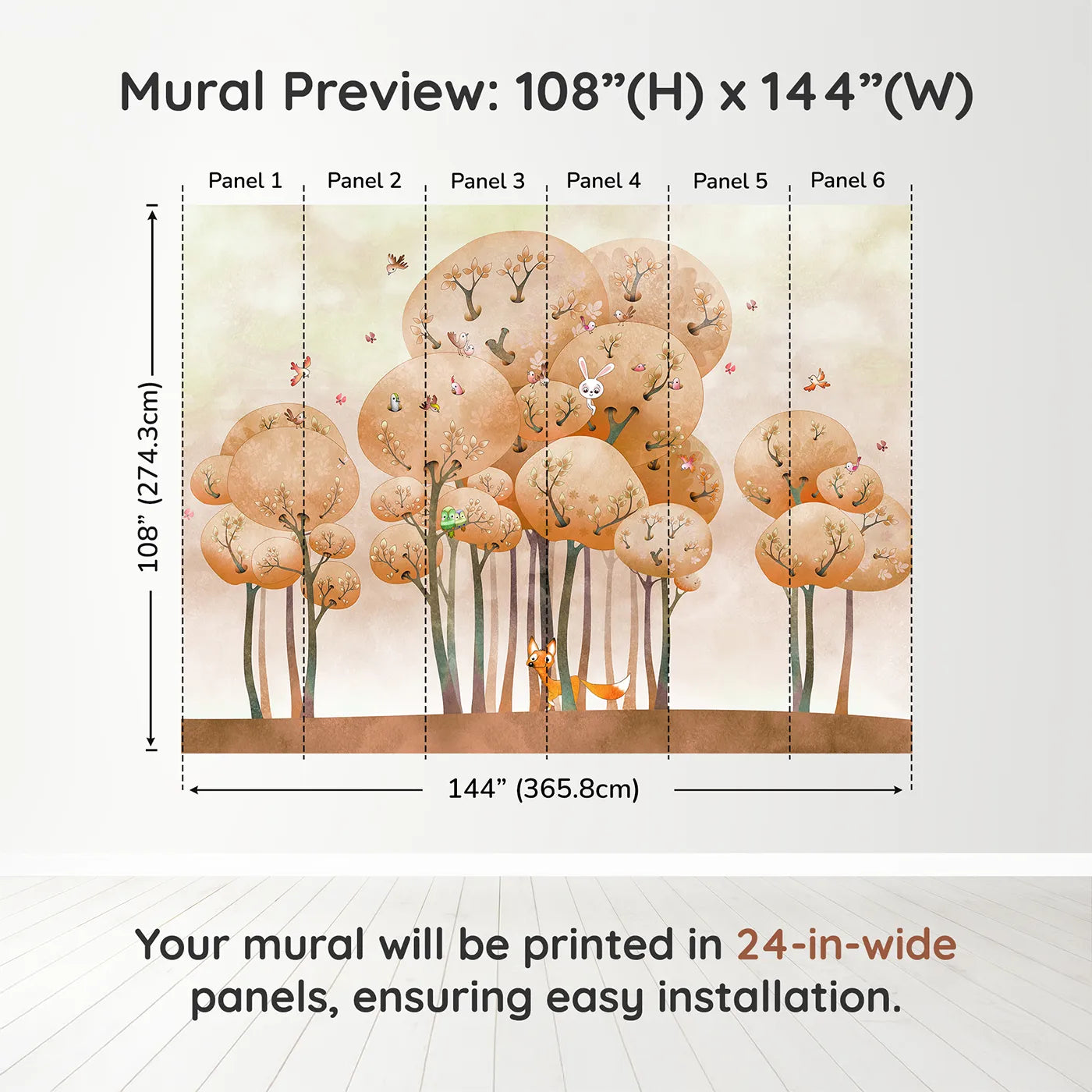 Whimsy Tots Whimsical Autumn Forest Wall Muraldimension view (108" H x 144" W). Printed in six 24-inch-wide panels. Gender-Neutral