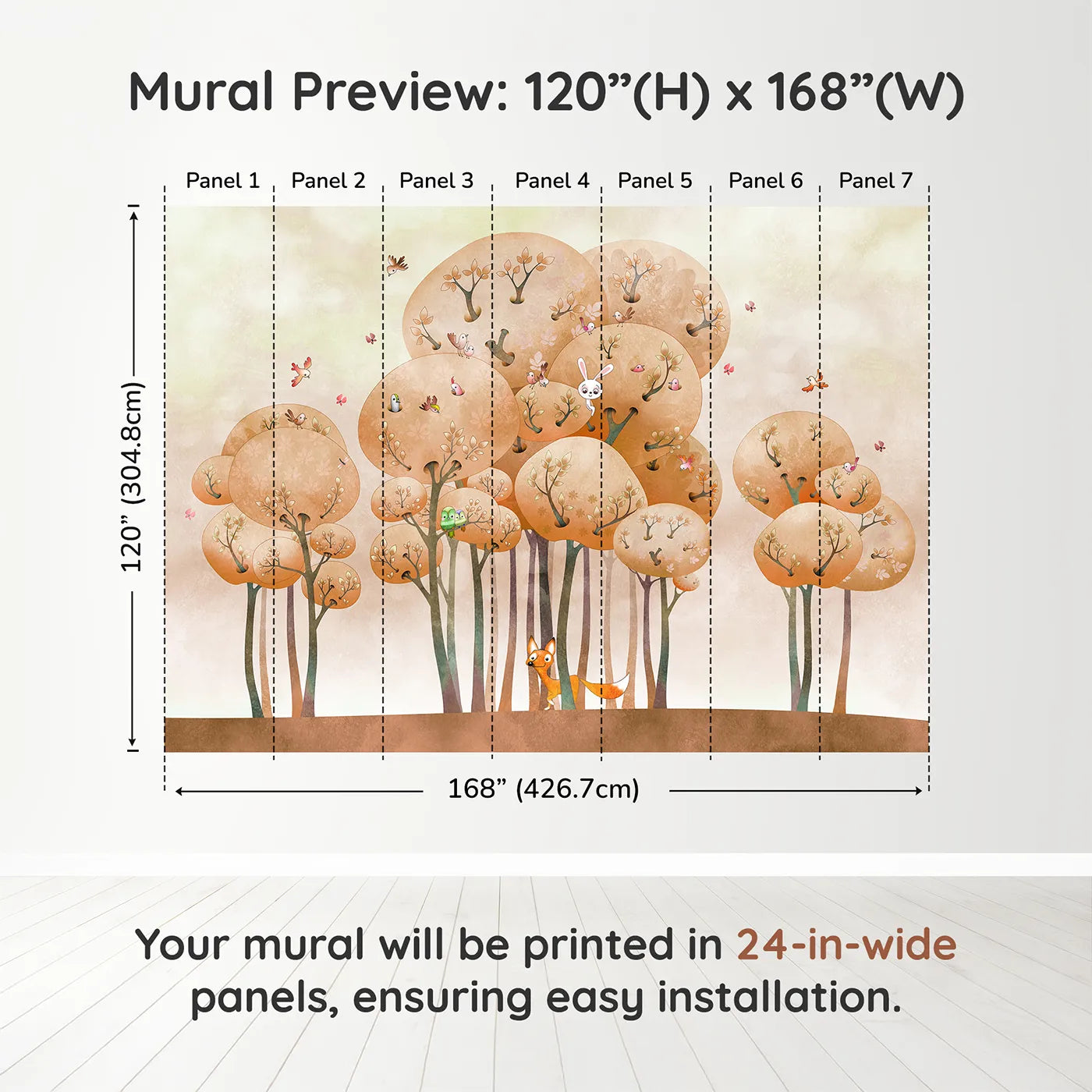 Whimsy Tots Whimsical Autumn Forest Wall Muraldimension view (120" H x 168" W). Printed in seven 24-inch-wide panels. Gender-Neutral