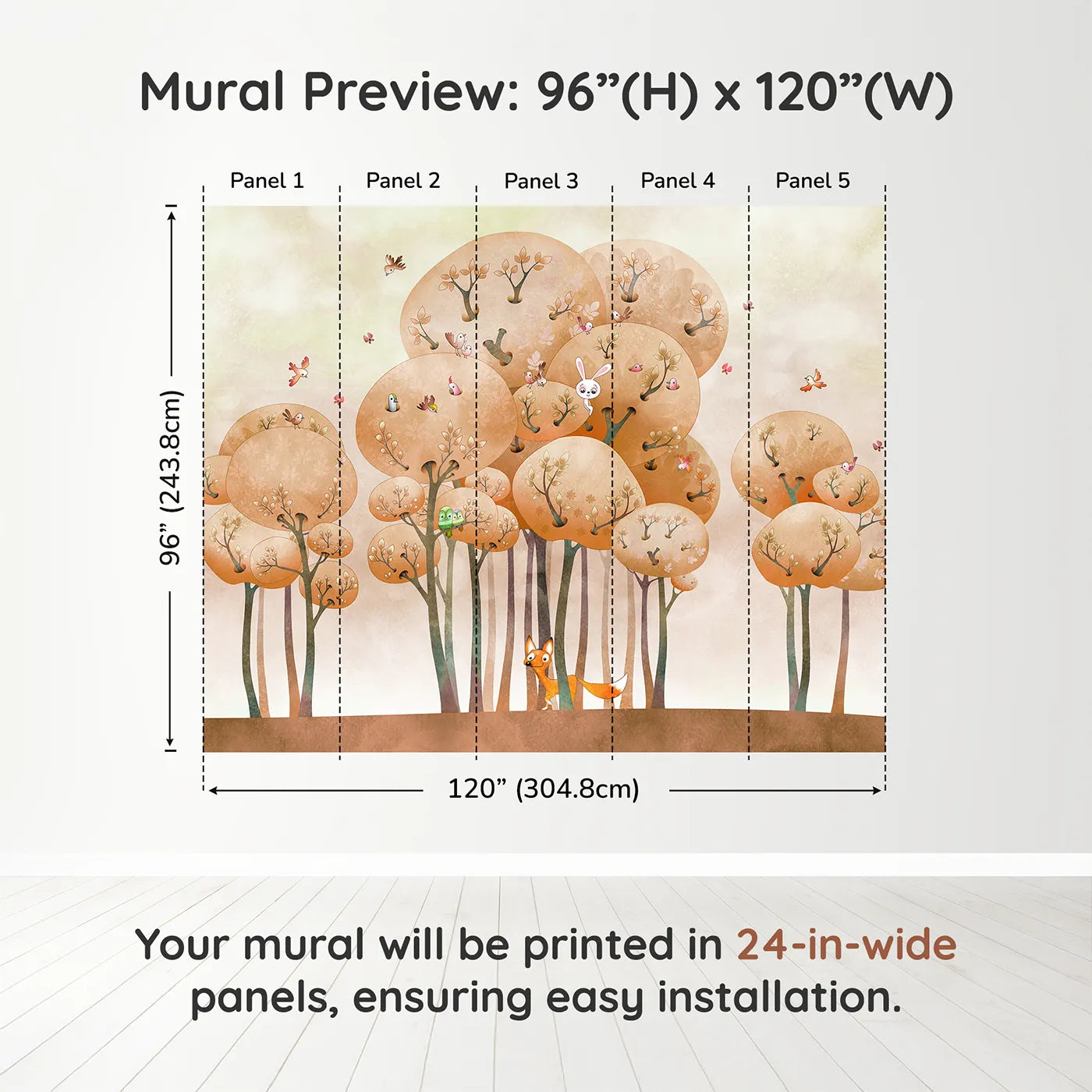Whimsy Tots Whimsical Autumn Forest Wall Muraldimension view (96" H x 120" W). Printed in five 24-inch-wide panels. Gender-Neutral