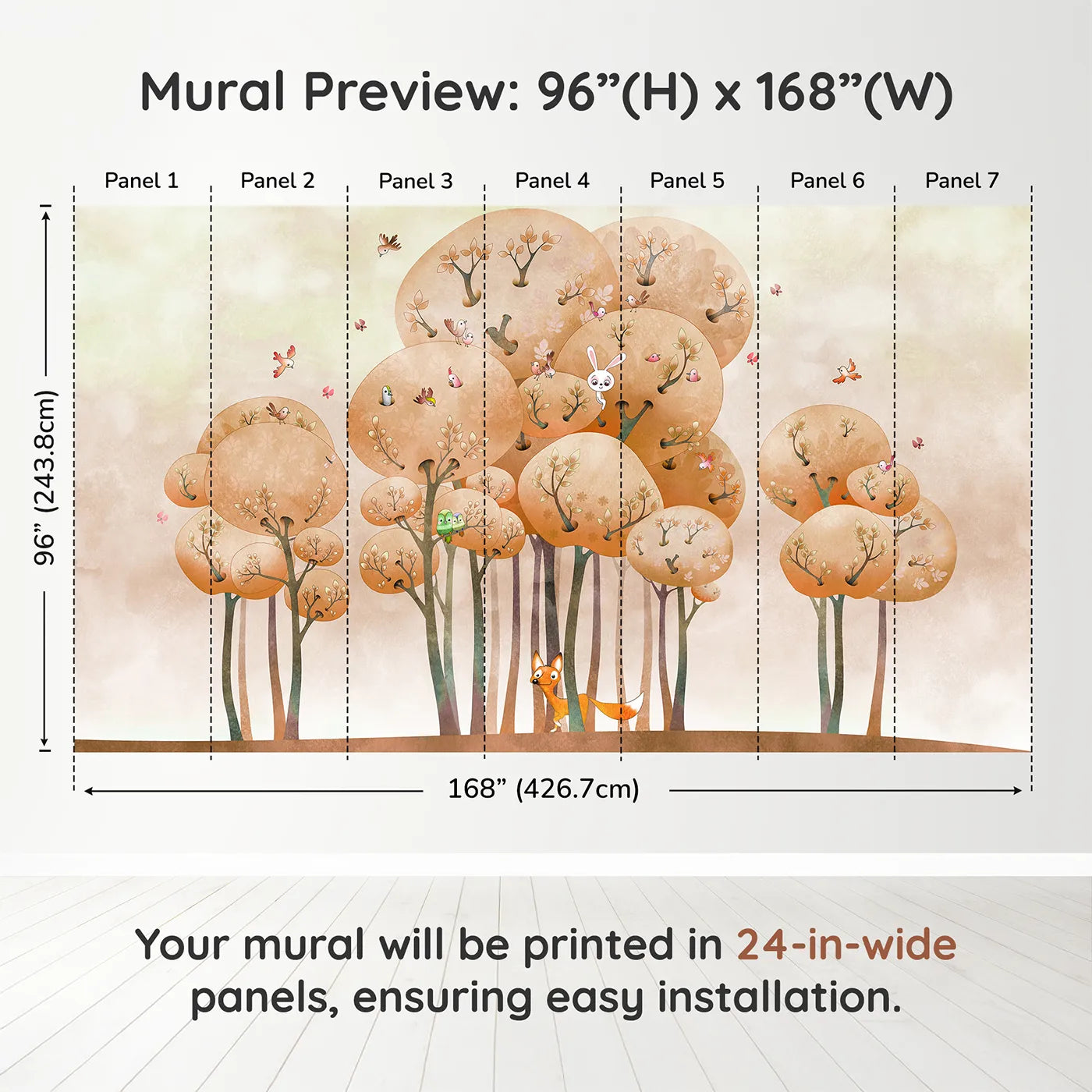 Whimsy Tots Whimsical Autumn Forest Wall Muraldimension view (96" H x 168" W). Printed in seven 24-inch-wide panels. Gender-Neutral