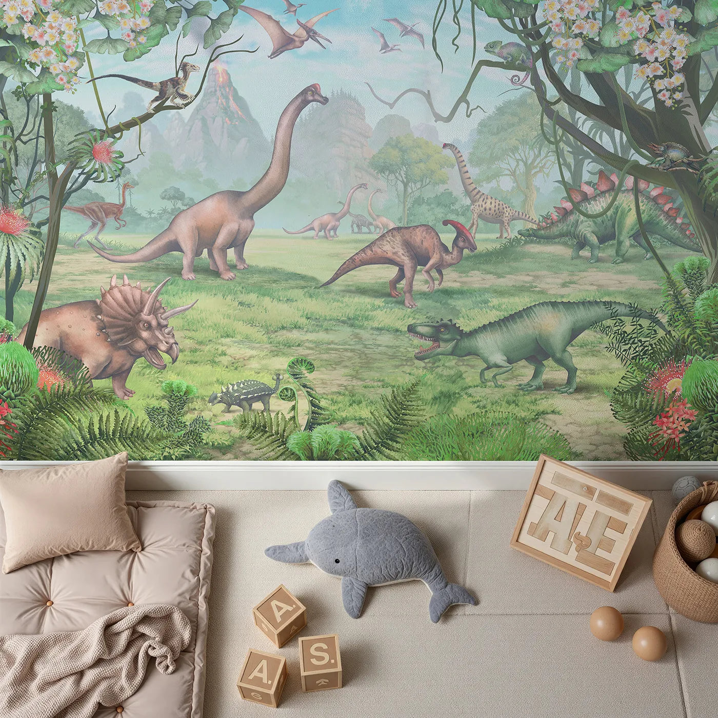 Top-down view of Whimsy Tots' Prehistoric Valley Wall Mural (Turn Their Room into a Lush and Vibrant Dinosaur World).Gender-Neutral